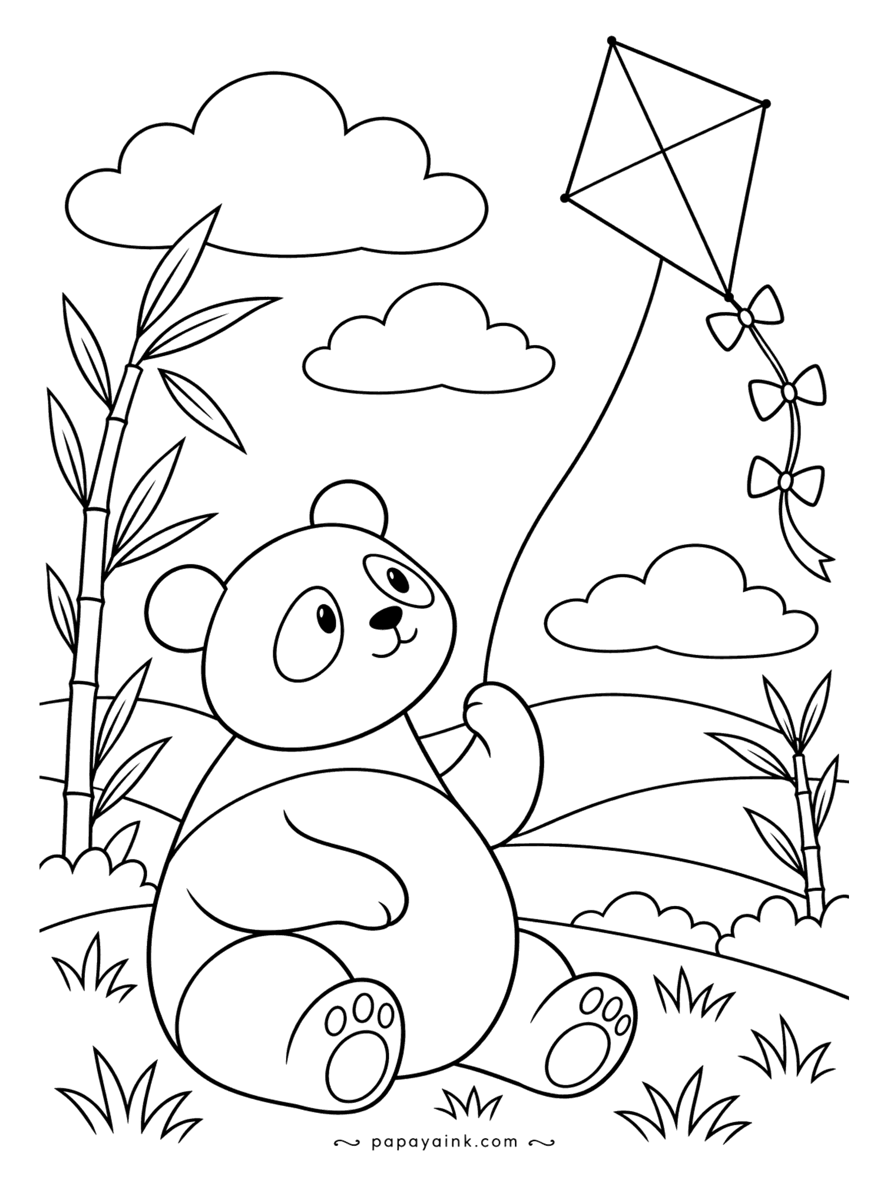 Panda Coloring Pages - Retro flat shapes and one very long string. The panda sits in the grass and flies a kite with three bows on its tail; the mid-century look wants a limited palette - mustard, teal and one accent.