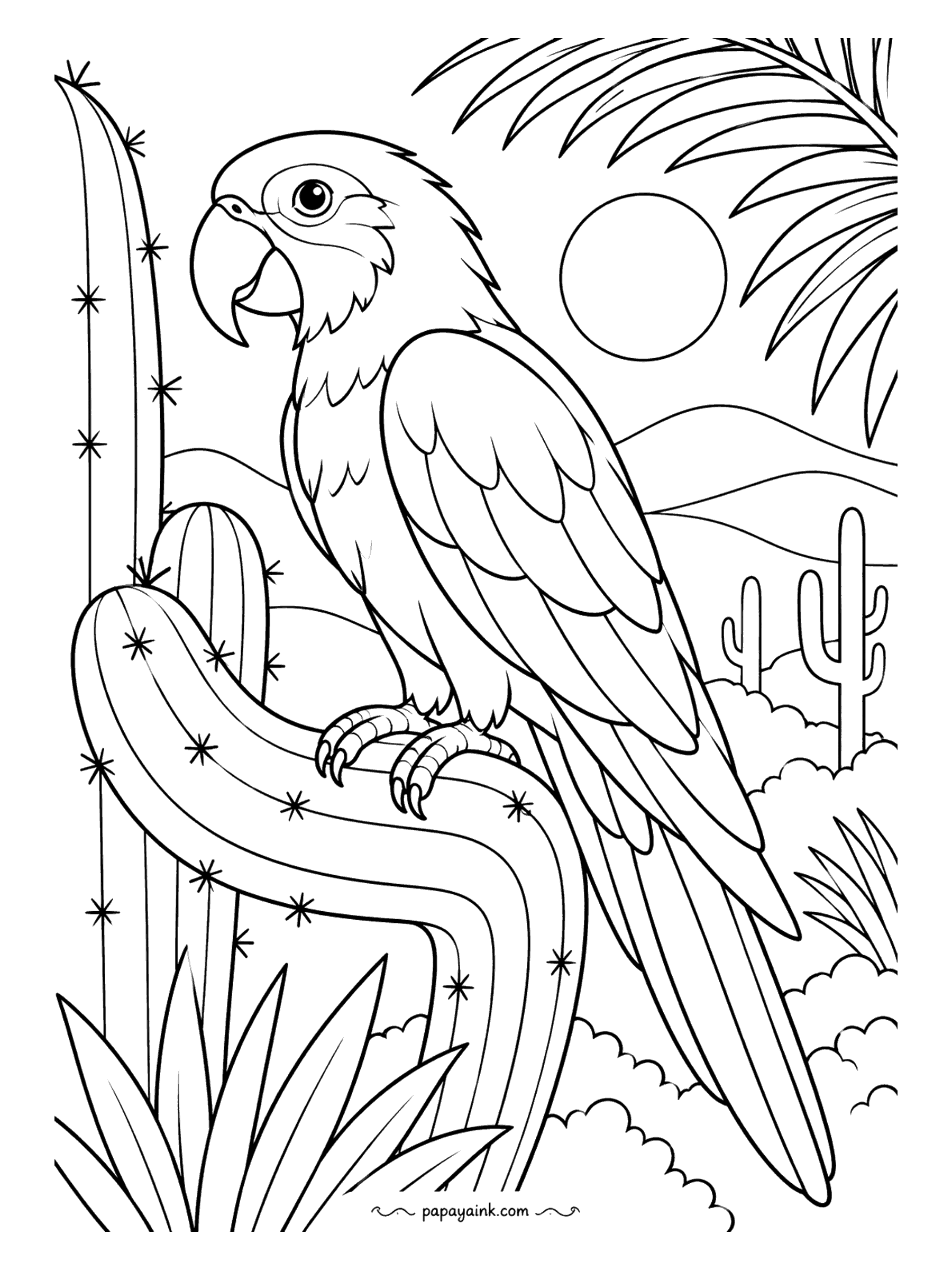 Parrot Coloring Pages - Mid-century style - a macaw on a saguaro cactus, a flat sun, rolling dunes, a palm frond cutting across the corner. Three colors plus black would be true to the period.