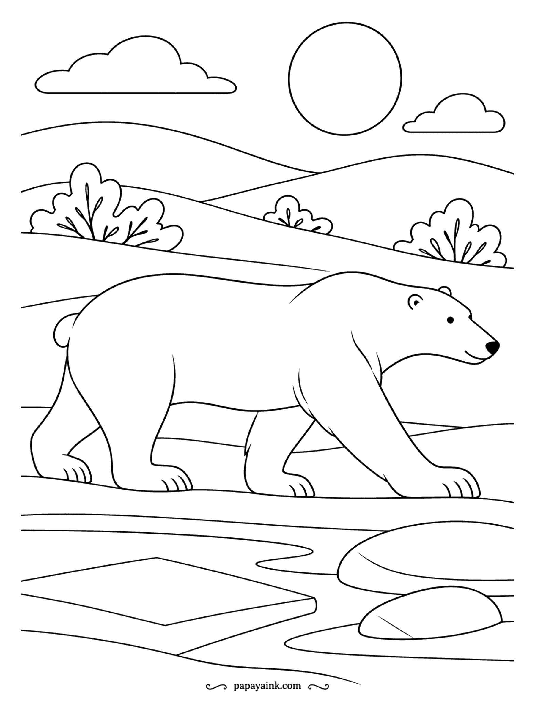 Polar Bear Coloring Pages - Flat shapes and a big round sun: a mid-century take on the bear crossing low tundra hills past a few shrubs and a scatter of rocks. Pick three or four muted tones - mustard, teal, rust - and stick to them to the end.