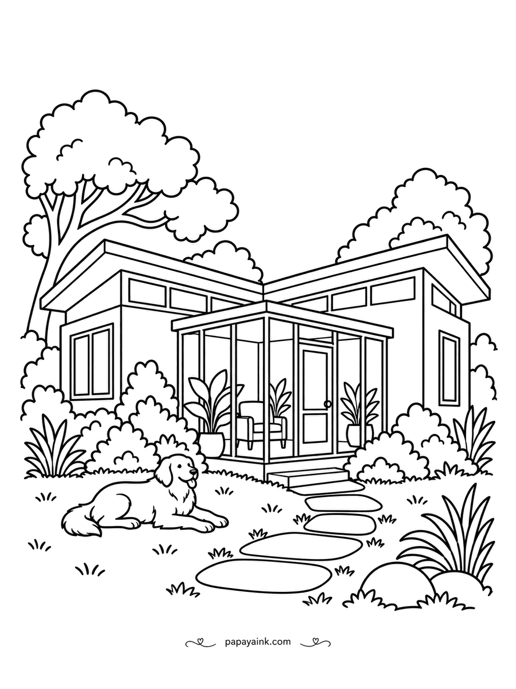 House Coloring Pages - Flat roofs, clerestory windows and a glass sunroom with a chair inside: a midcentury modern home straight out of the fifties. A golden retriever guards the stepping stones. Light walls and a dark edge along every roof line give it the period look.