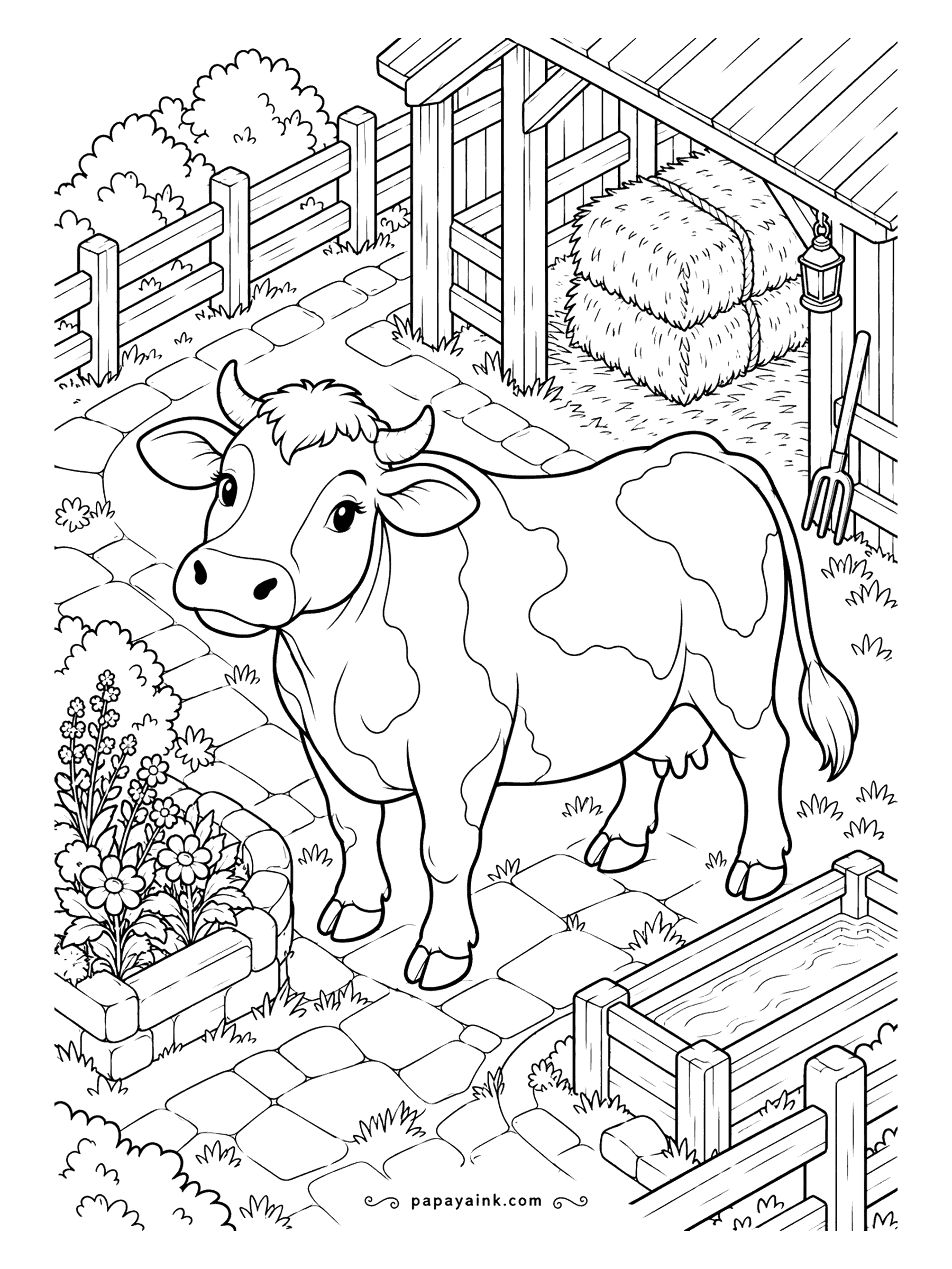 Cow Coloring Pages - Isometric farmyard seen from above: cobblestone paths, a fence, hay bales under the shed roof and a water trough in the corner. Everything is drawn at the same angle, so it colors like a tiny model. For people who enjoy neat, orderly pages.