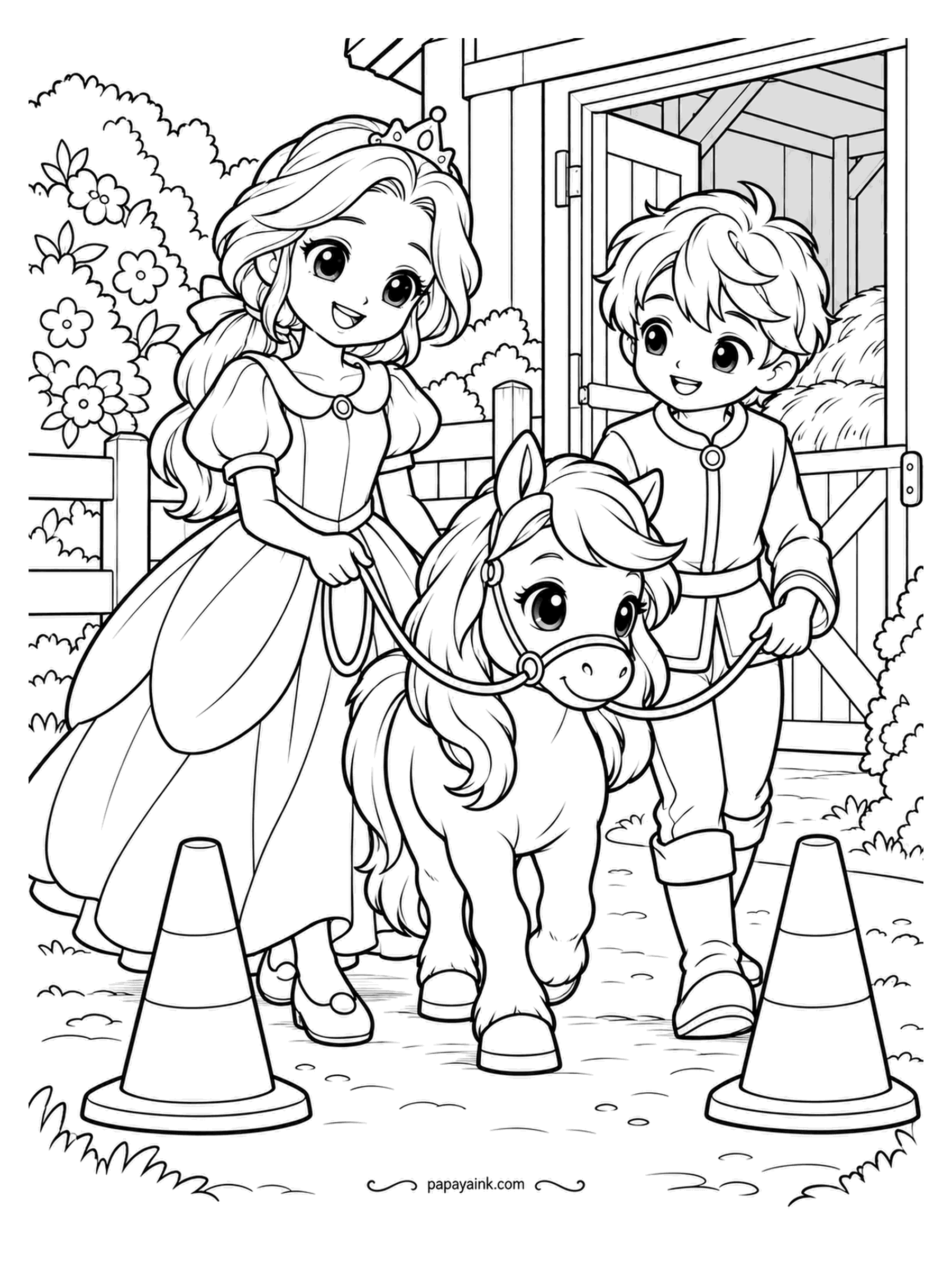 Kawaii Princess Coloring Pages - Pony school, first lesson: walk between the cones. The princess leads, the prince keeps a hand on the rope, and the pony has decided the cones are more interesting than the lesson. Striped cones in orange; the pony in anything but.