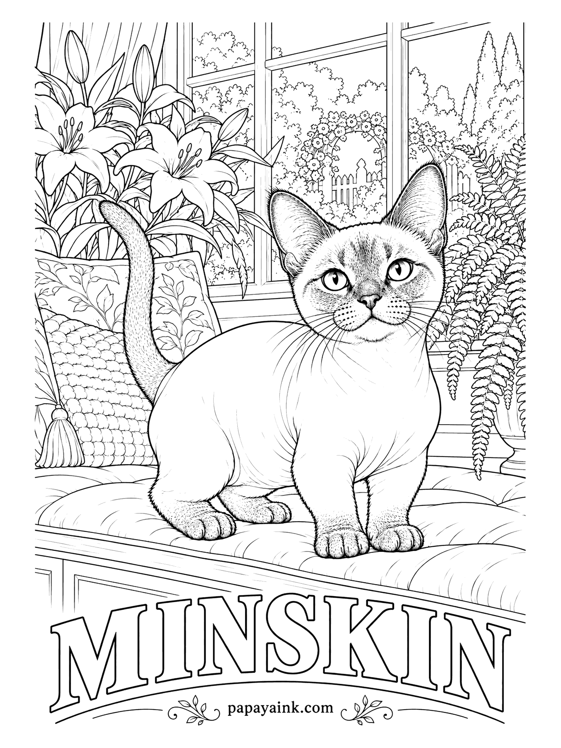 Free Printable Cat Coloring Pages - Created in Boston, the Minskin pairs short legs with a body of fine down and furry points on the face, ears, legs and tail. Shade the points a little darker over a smooth, skin-toned body.