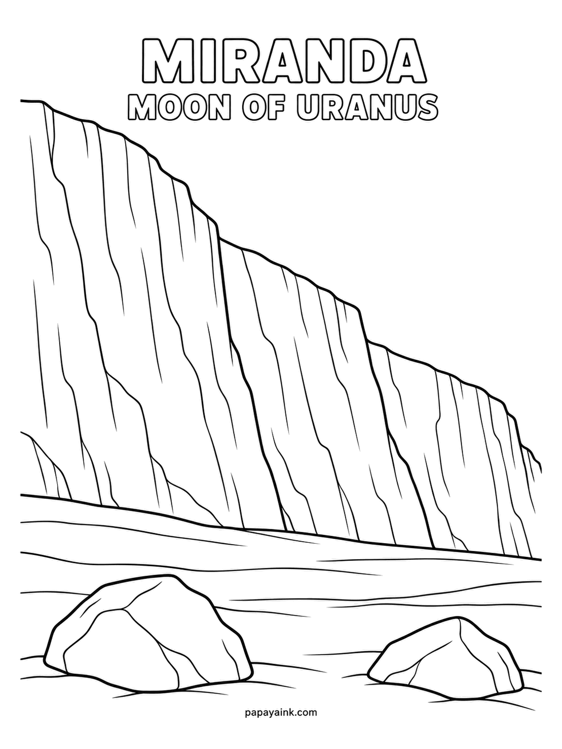 Planet Coloring Pages - Miranda, moon of Uranus, has a cliff so tall a dropped rock would fall for minutes, and here it towers over a rocky valley. Icy blue-gray for the cliff face, with a darker shadow line under every ledge.