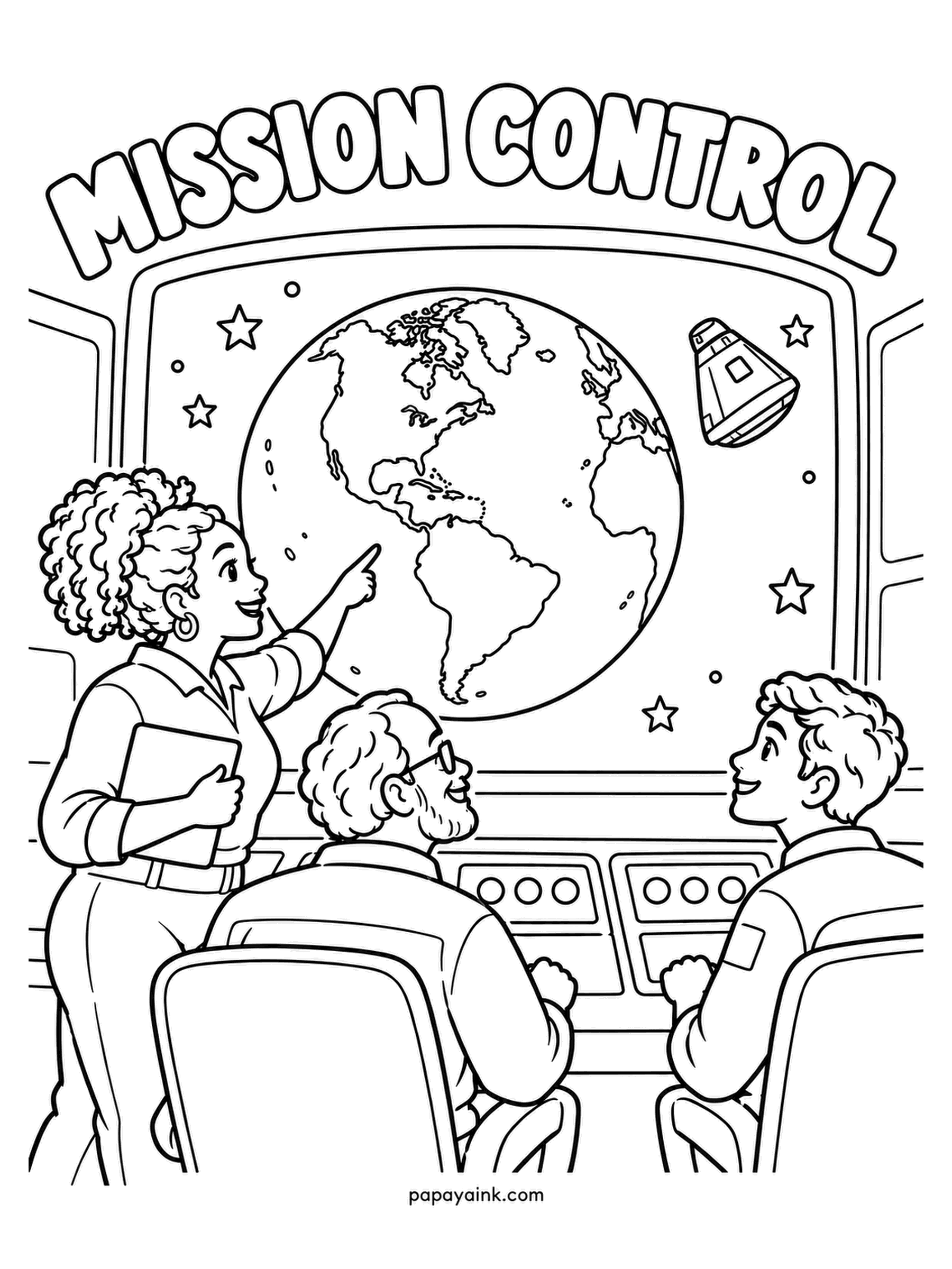 Earth Coloring Pages - Three flight controllers watch a wall screen showing Earth and a capsule in orbit; one of them points at the spot that matters. Headsets, consoles, and the quiet focus of a room that cannot blink. Cool blues on the screen, warm tones on the people.