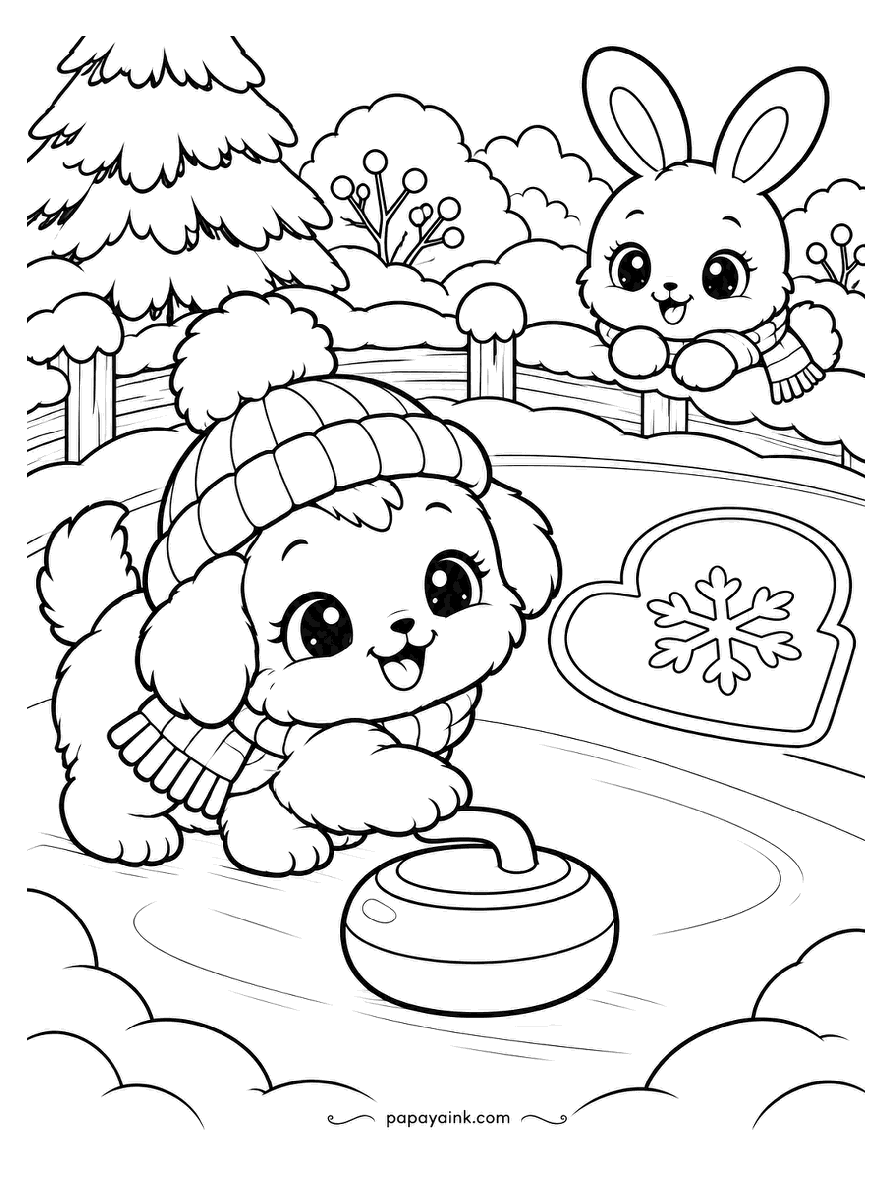 Kawaii Winter Coloring Pages - Curling, puppy rules: slide the stone and aim for the giant mitten with a snowflake on it. The bunny on the fence is the only judge, and she is not impartial. A light blue wash on the ice shows the lane.