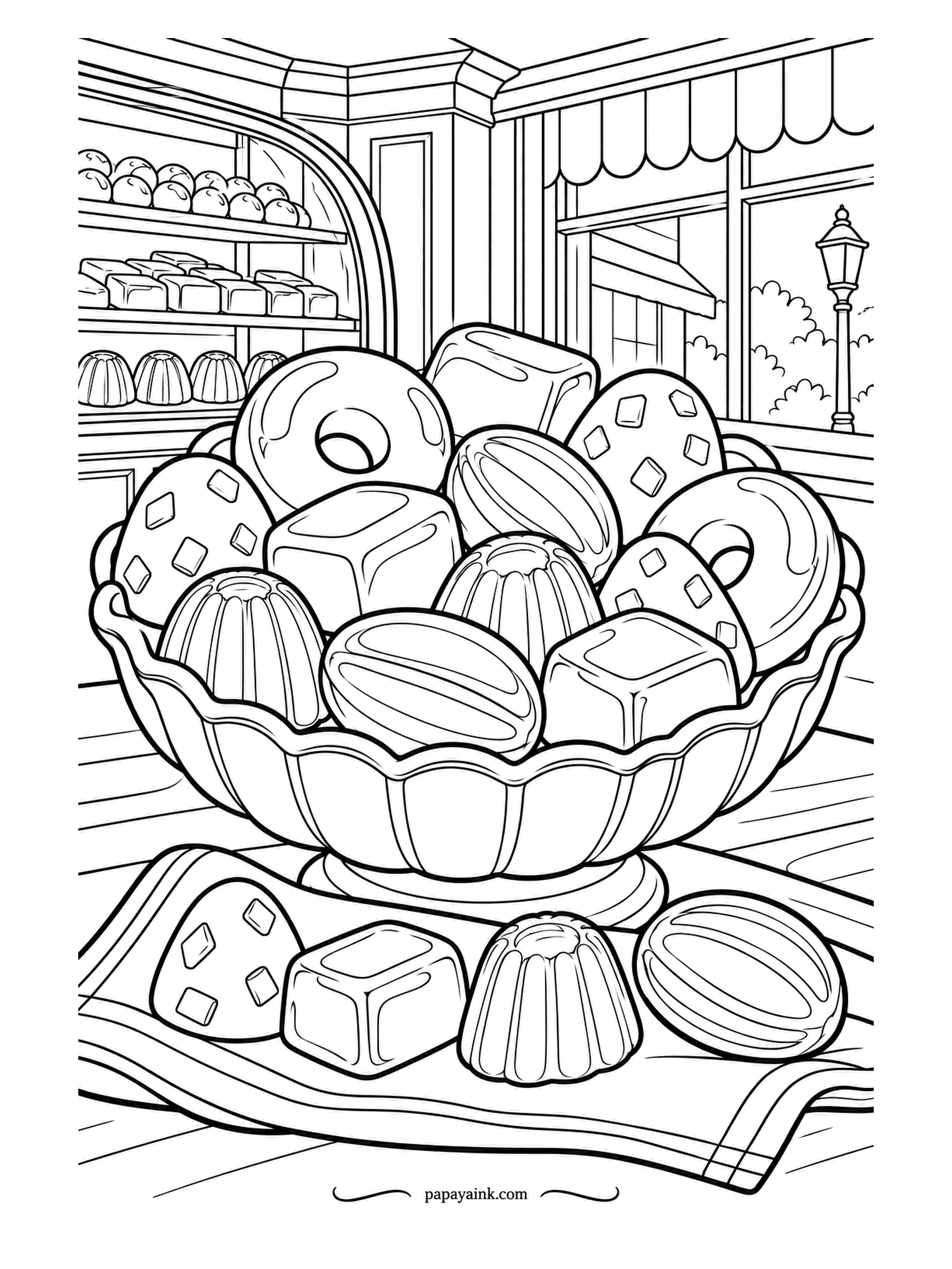 Candy Coloring Pages - Mixed sweets in a scalloped serving bowl in the boutique - sugared eggs, jelly rings, fudge cubes and fluted domes - with the shelves and the street lamp behind. Four of them rest on the napkin. Something different for every shape.
