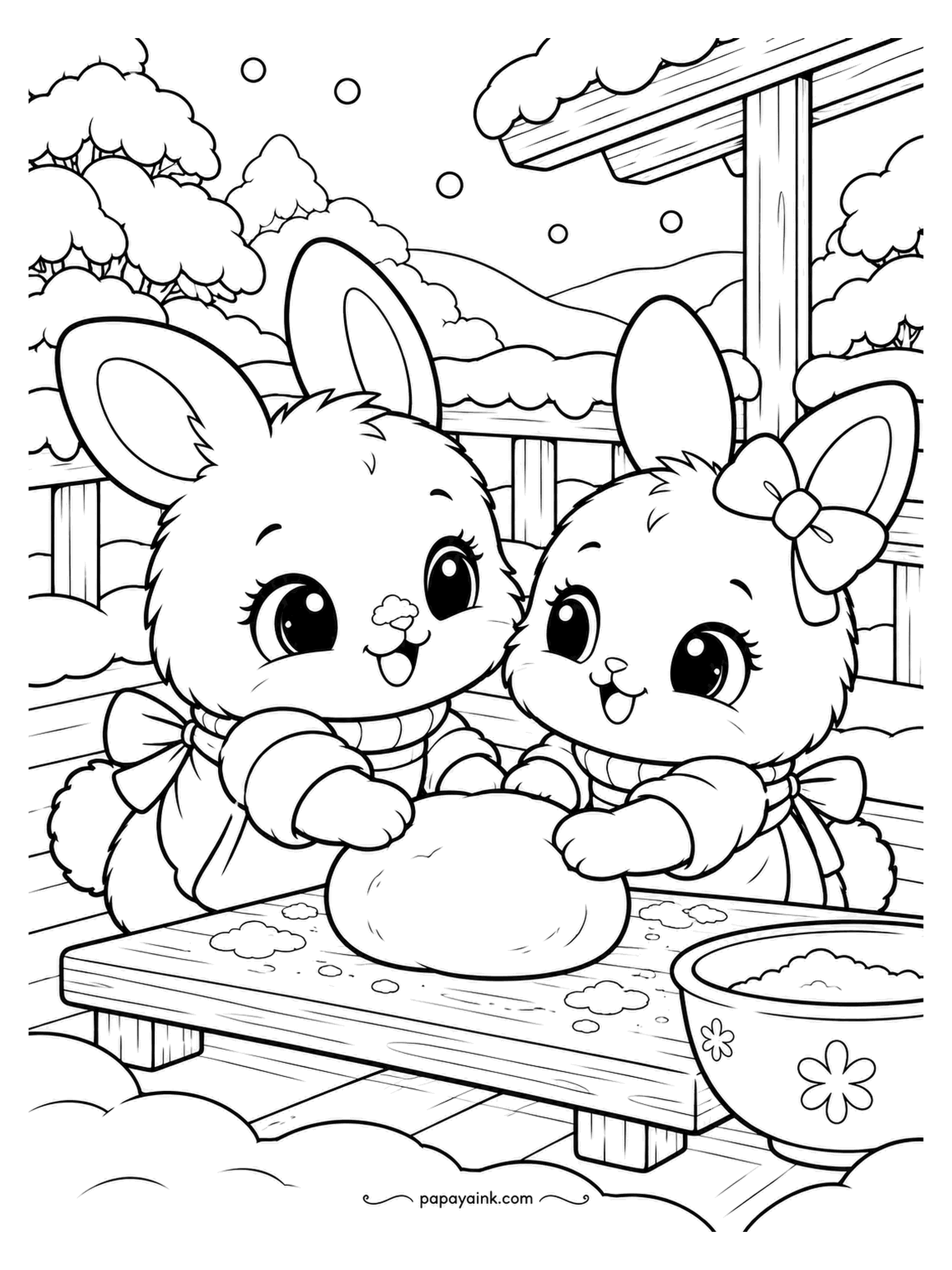 Kawaii Winter Coloring Pages - Mochi day on the porch. Two bunnies knead the dough on a low table, and the one on the left has flour on her nose and does not know it yet. Go light on the dough; the bowl and the bows get the paint.