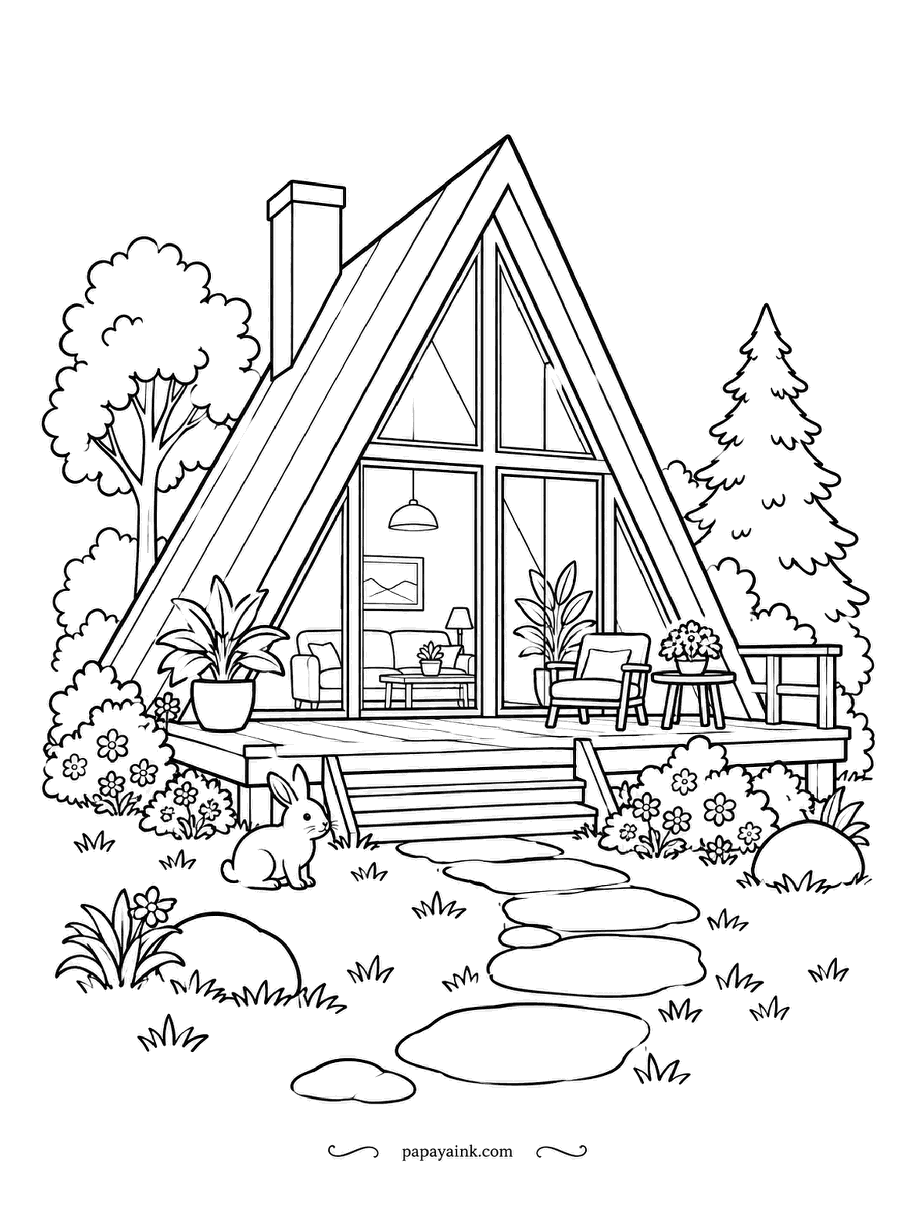 House Coloring Pages - An A-frame cabin with a glass front, a deck with two chairs and a rabbit by the steps, pine trees on one side and a leafy tree on the other. Dark roof, warm wood deck, and whatever the rabbit wants.