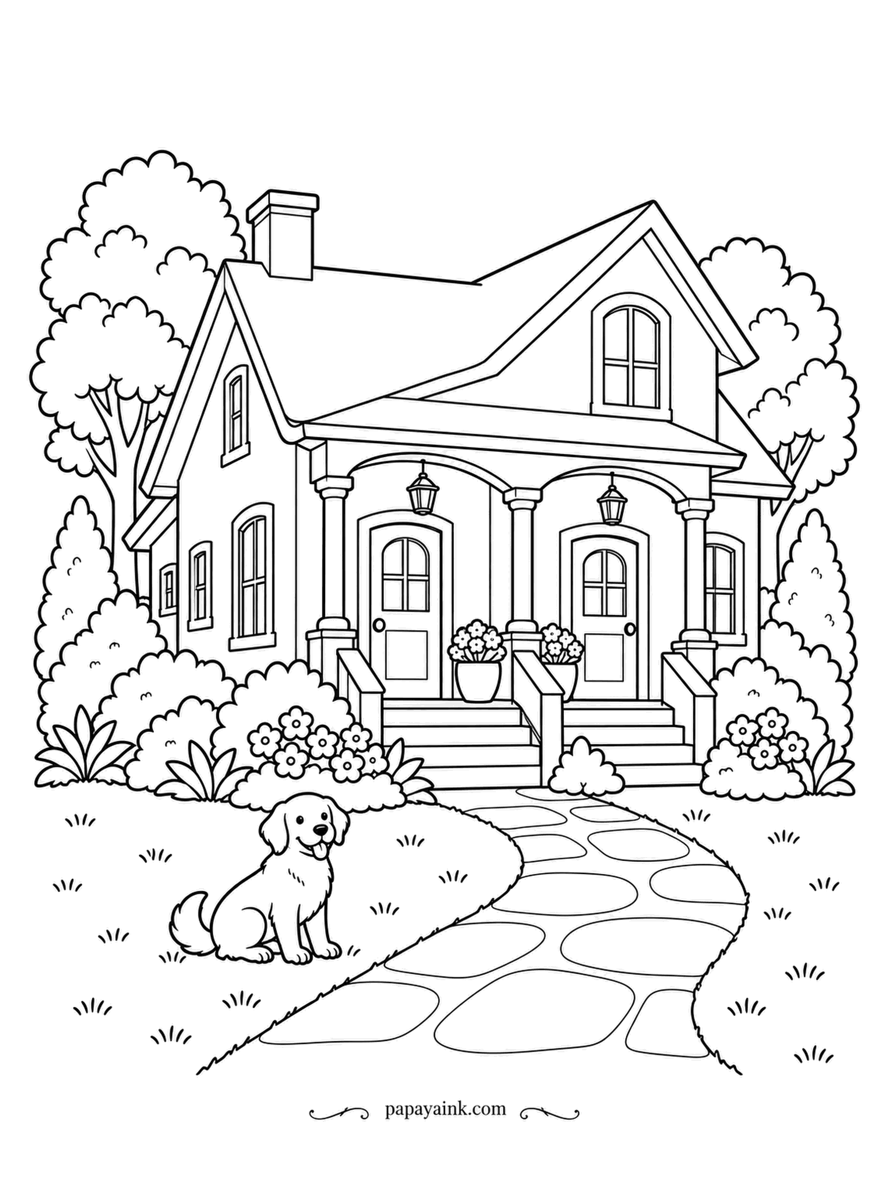 House Coloring Pages - Twin front doors under twin arched porches: a duplex, two homes in one building, with matching planters and a dog on the lawn. Paint each half a different color and see which neighbor wins.