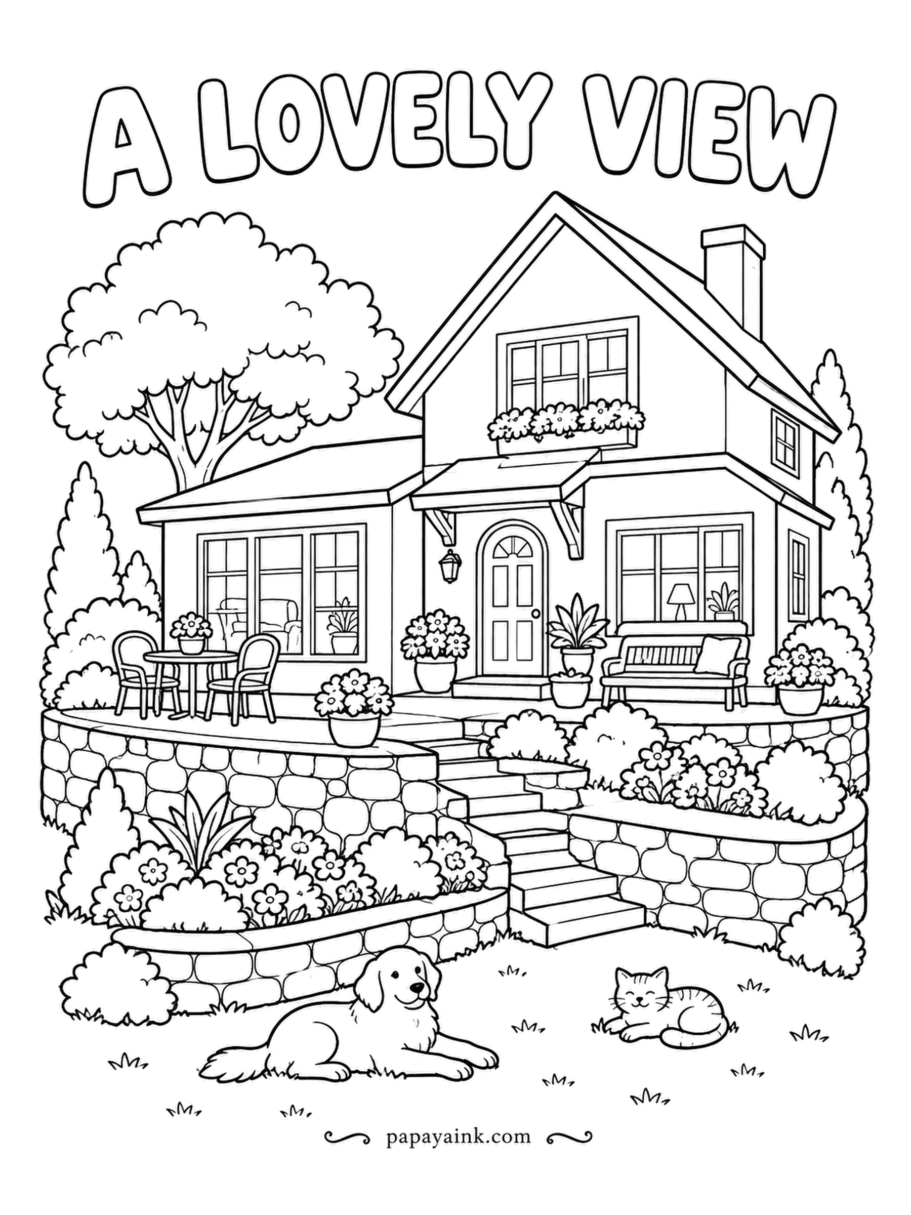 House Coloring Pages - A LOVELY VIEW from a house set on stone terraces: a cafe table on the upper level, a bench by the door, steps winding down between the planting, a dog and a cat at the bottom. Gray stone walls make the flowers pop.