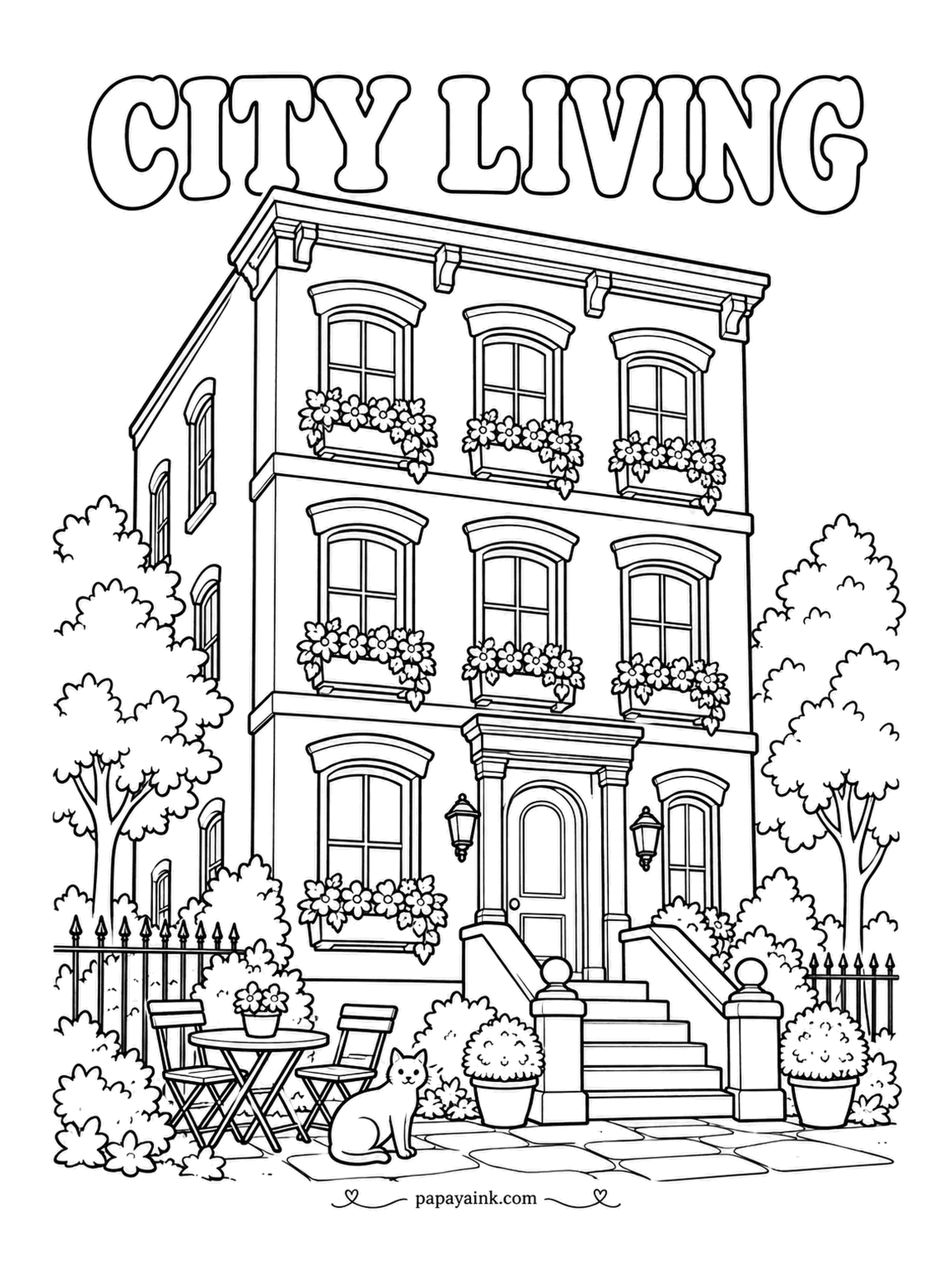 House Coloring Pages - CITY LIVING in a three-story rowhouse with flower boxes on every window, lanterns by the arched door, an iron fence and a folding bistro set on the sidewalk, cat included. Brick red or sand - both look right. Detailed.