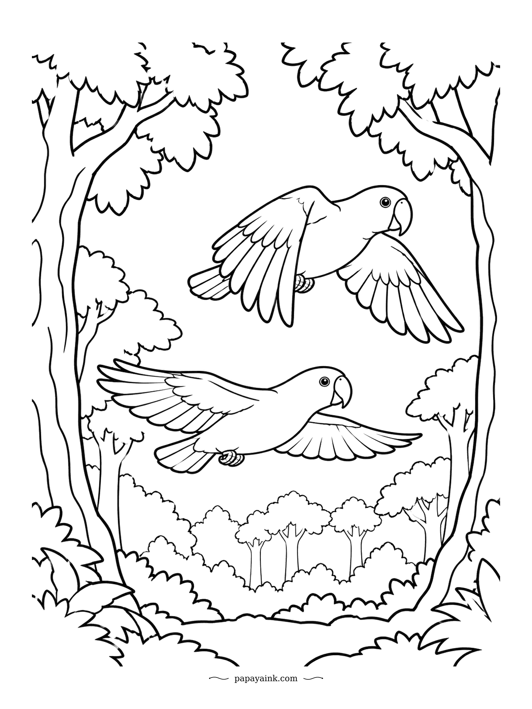 Parrot Coloring Pages - Flying lessons through the forest. The parent eclectus glides close beside the youngster, matching every wingbeat. Big spread wings and arching trees - easy, with room to experiment.