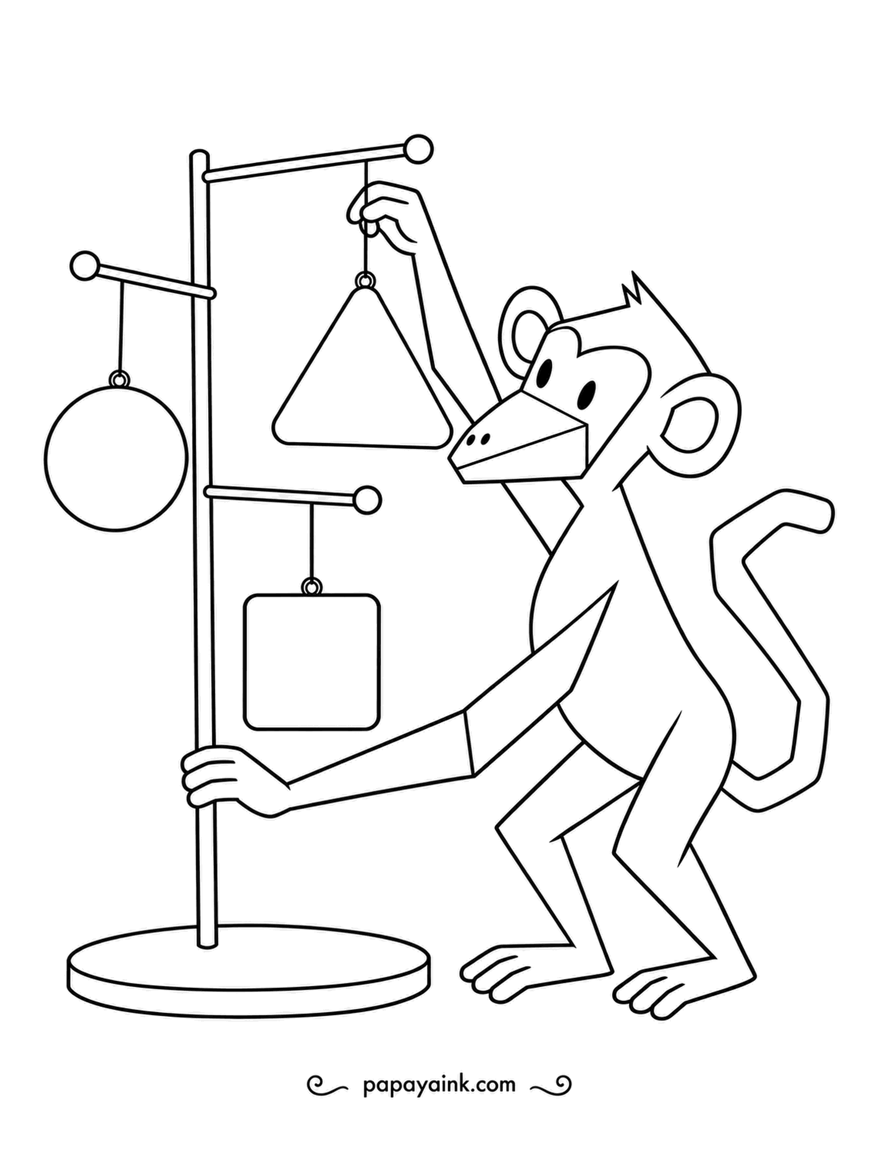 Monkey Coloring Pages - Circle, triangle, square: the monkey hooks one more shape onto the mobile and holds the stand steady with the other hand. Very simple lines - bright primary colors suit it.