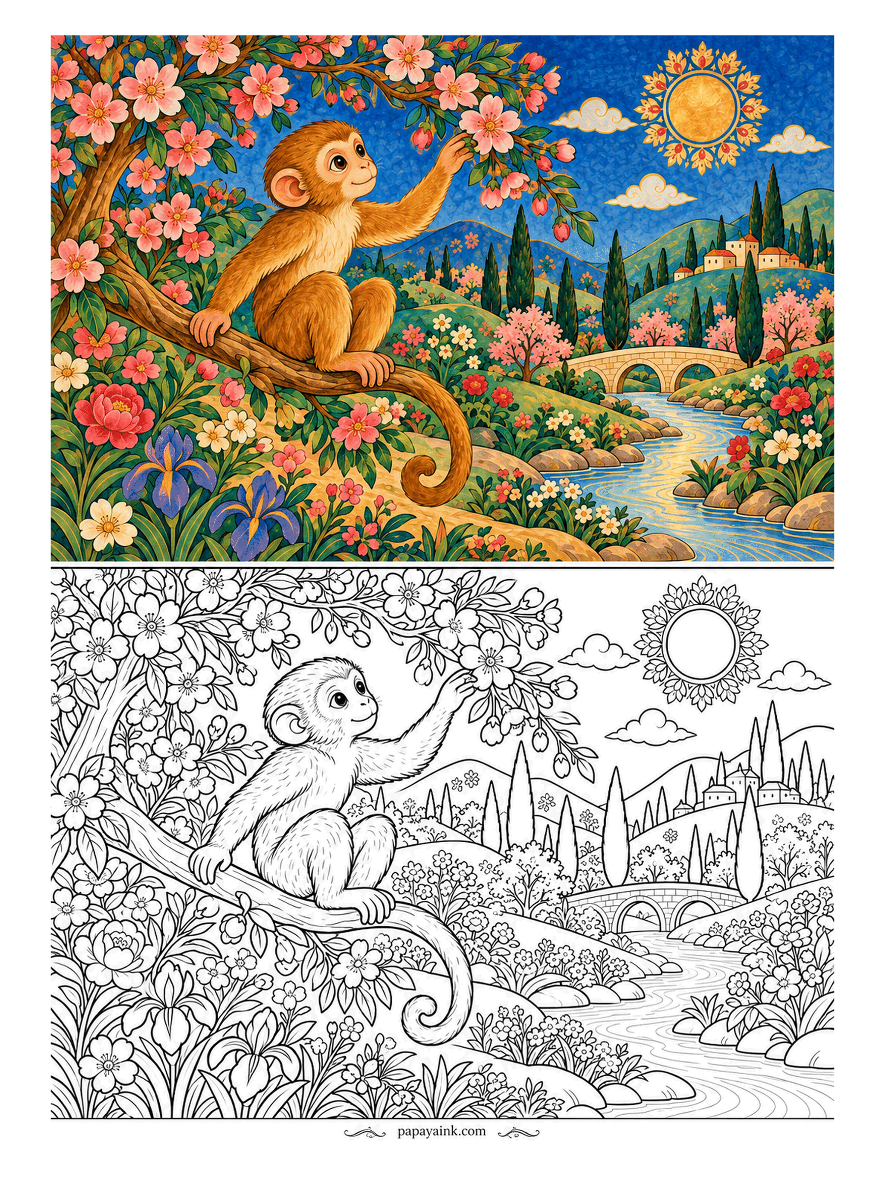 Monkey Coloring Pages - Balanced on a branch of the flowering tree, a golden-furred monkey reaches for the one bloom just out of range while his tail grips the bark for insurance. The valley opens below. Blossoms are the easy part; the coat wants two shades of amber.