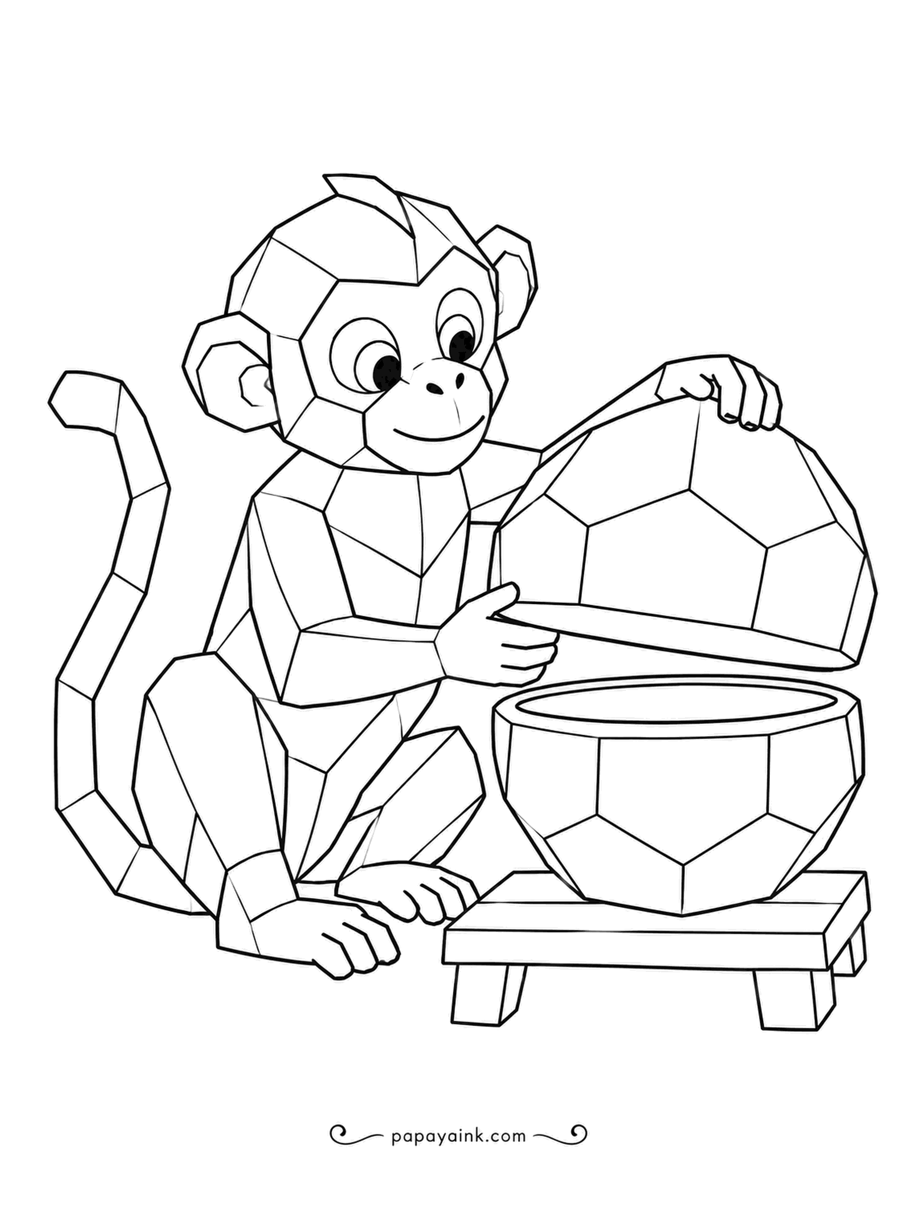 Monkey Coloring Pages - Half a geodesic sphere sits on the stand, and the faceted sculptor lowers the top half into place. Pentagons and hexagons cover both pieces, like a soccer ball. Alternate light and dark tiles.