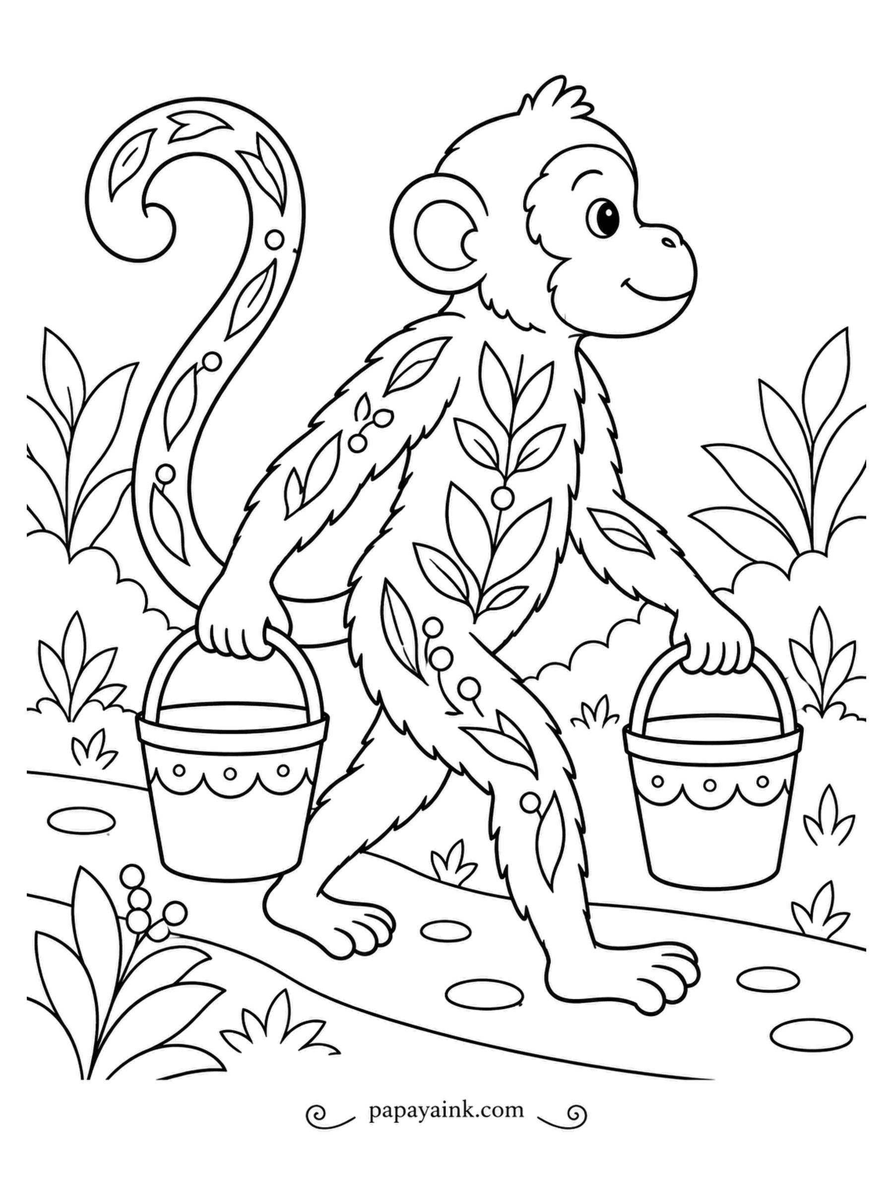 Monkey Coloring Pages - Two small pails, one in each hand, and a careful walk so nothing spills. Leaf and berry patterns run over the body and curling tail. Water blue and earthy greens suit the garden.