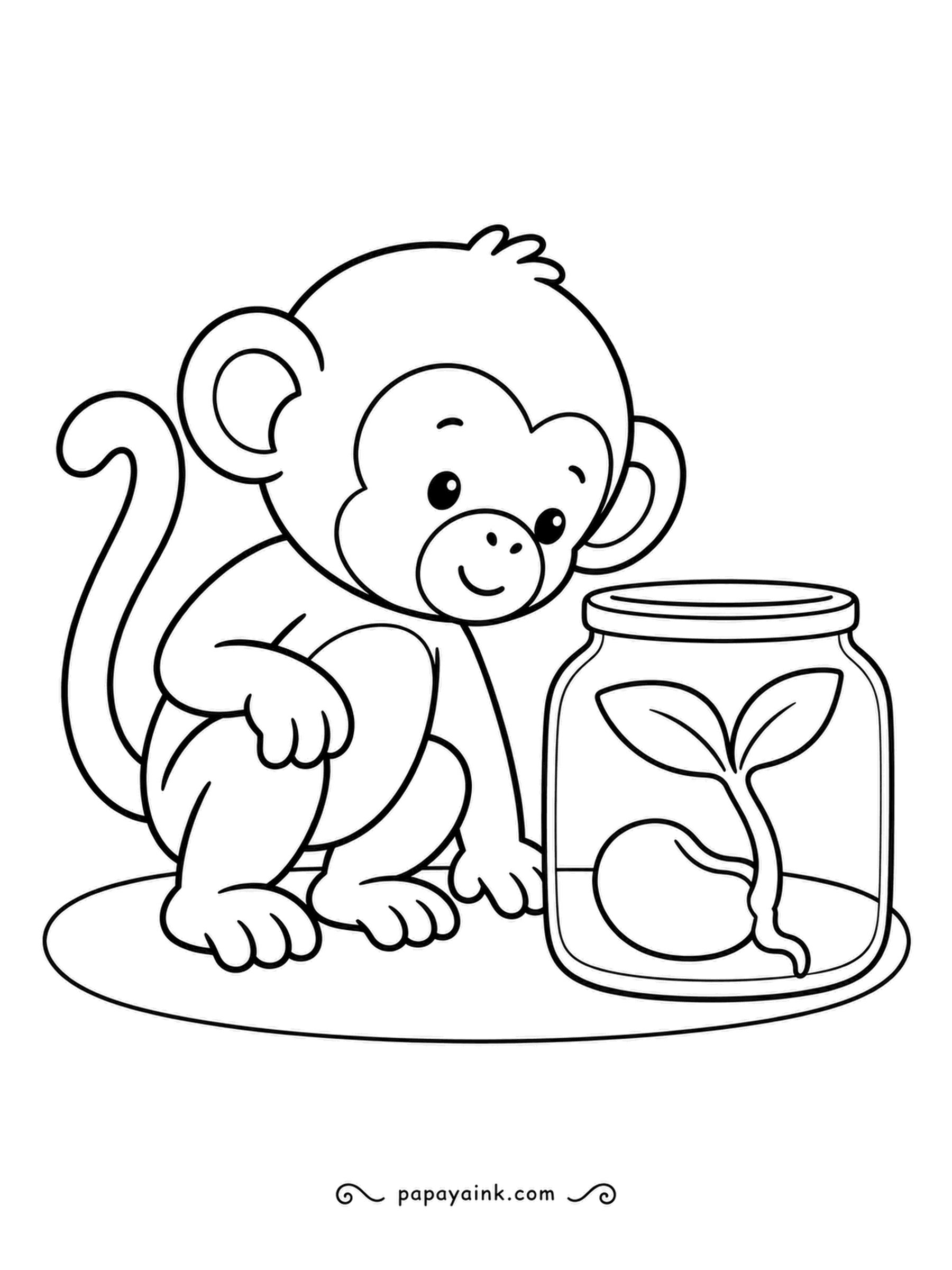Monkey Coloring Pages - A bean in a clear jar shows everything soil hides: the root heading down, the shoot heading up. The baby monkey watches the sprout with great interest. Chunky shapes - easy for little hands.