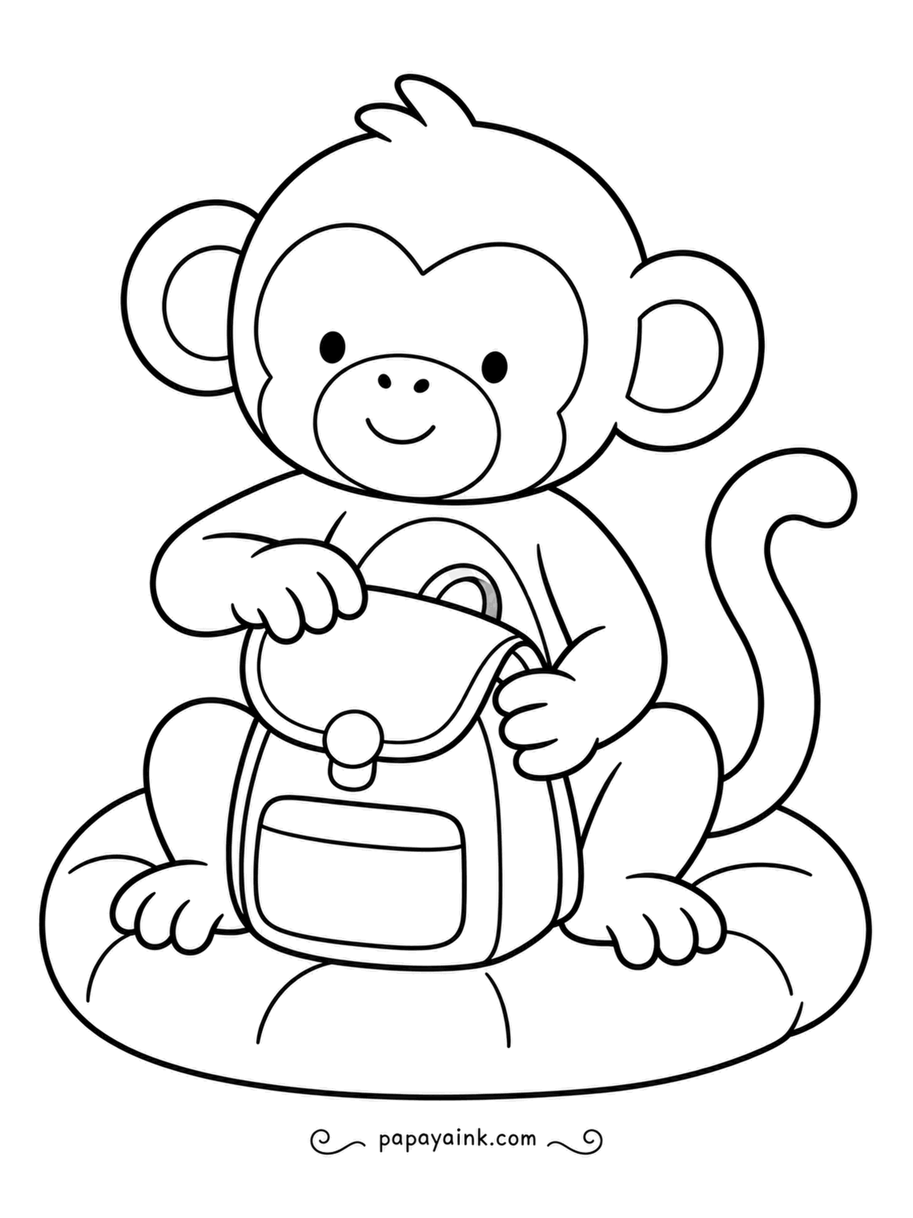 Monkey Coloring Pages - Packed and ready: the baby monkey snaps the flap of a tiny backpack shut while sitting on a round cushion. Chunky shapes, very few details - perfect for toddlers.