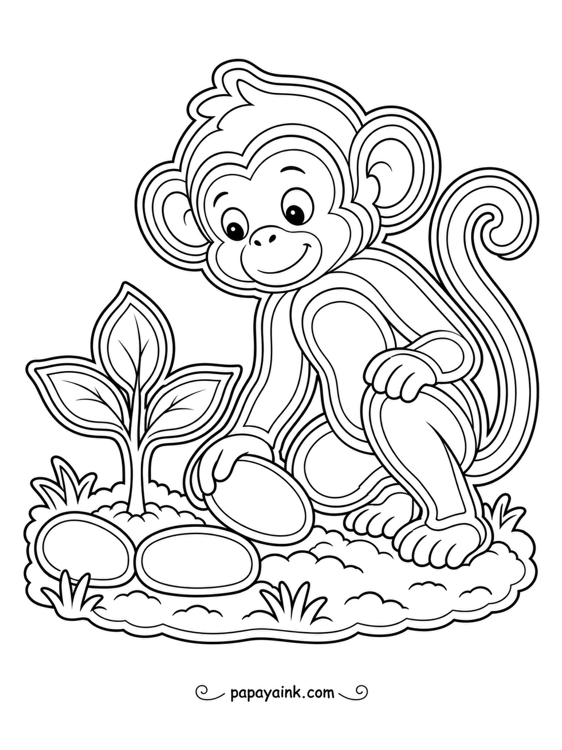 Monkey Coloring Pages - A seedling deserves a proper border: the monkey sets smooth stones around a young plant, one at a time. Double outlines make every shape stand out - leafy greens and pebble grays.
