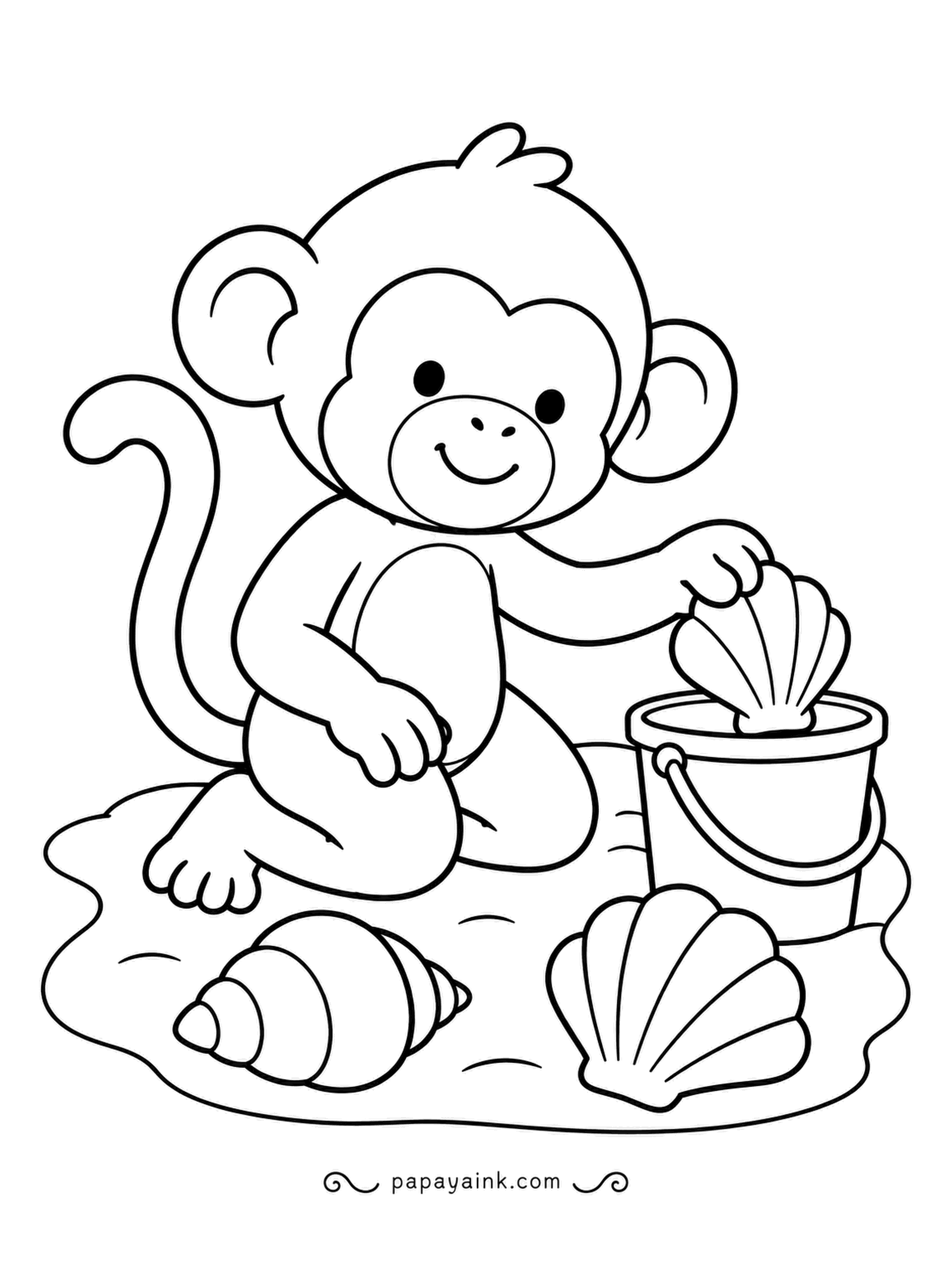 Monkey Coloring Pages - Into the bucket goes a scallop, with two more still waiting in the sand. Beachcombing at its most relaxed. Big, rounded forms - sandy beige, turquoise bucket, pink and cream shells.