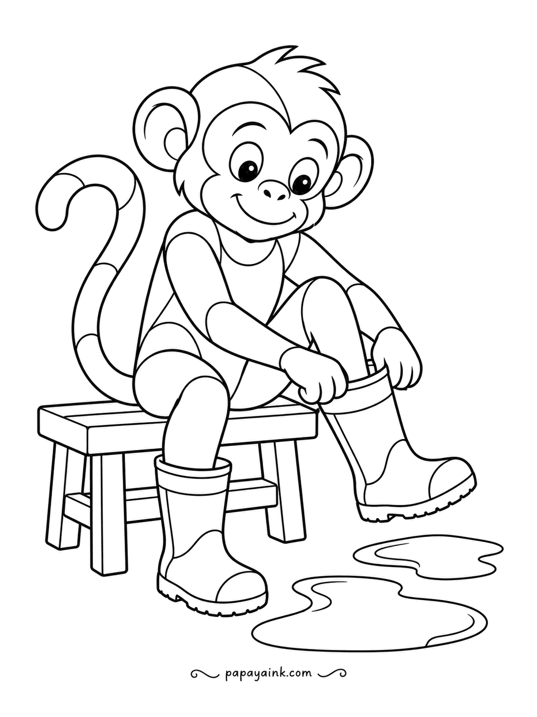 Monkey Coloring Pages - Puddle forecast: one boot on, one going on, and a fresh puddle waiting on the floor. Nobody stays dry today. Rubber boots in yellow or red make the scene pop.