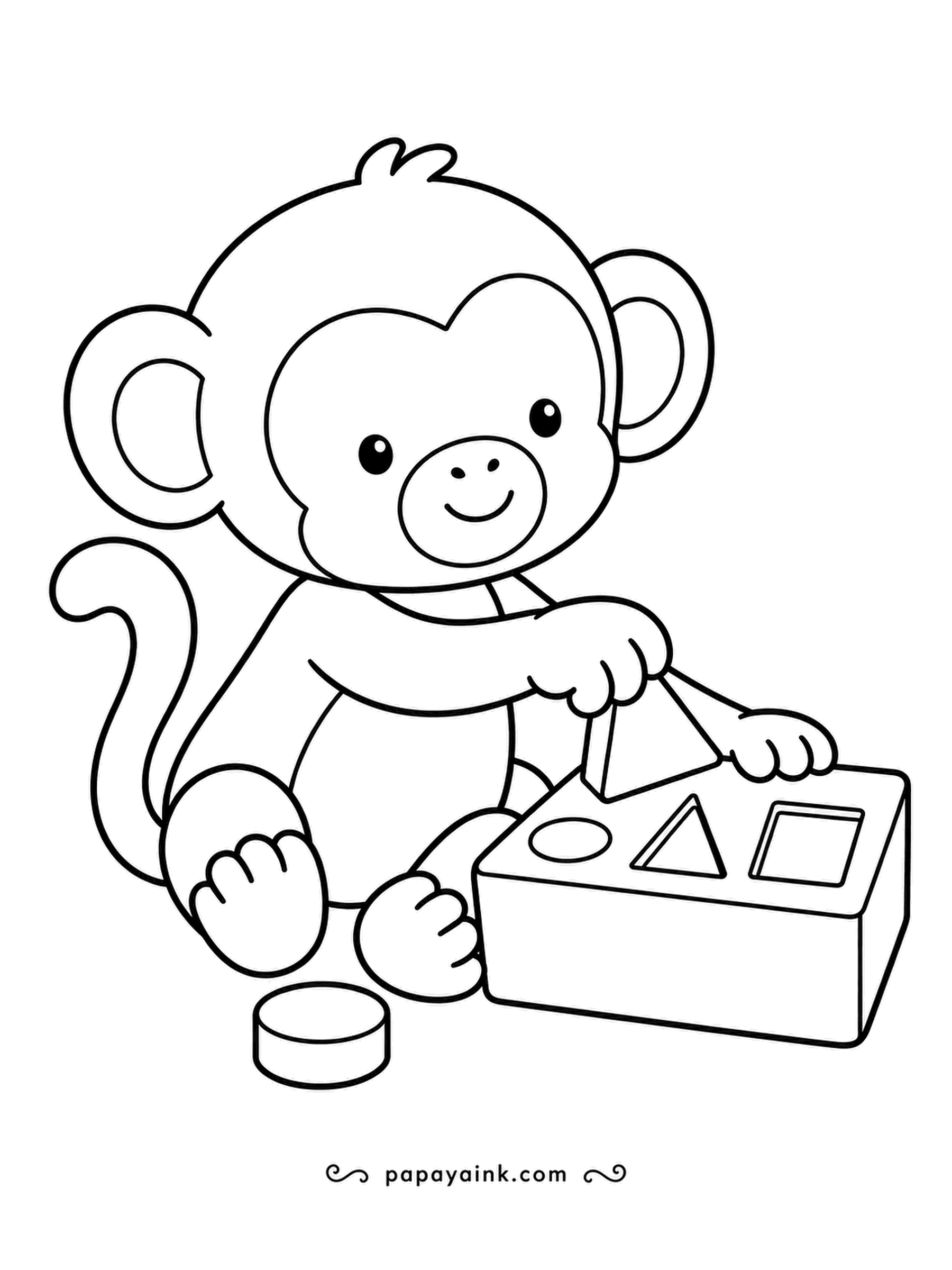 Monkey Coloring Pages - Triangle goes in the triangle hole - the baby monkey has the shape sorter all figured out, with the round block waiting next. Thick, rounded shapes for the youngest colorists.