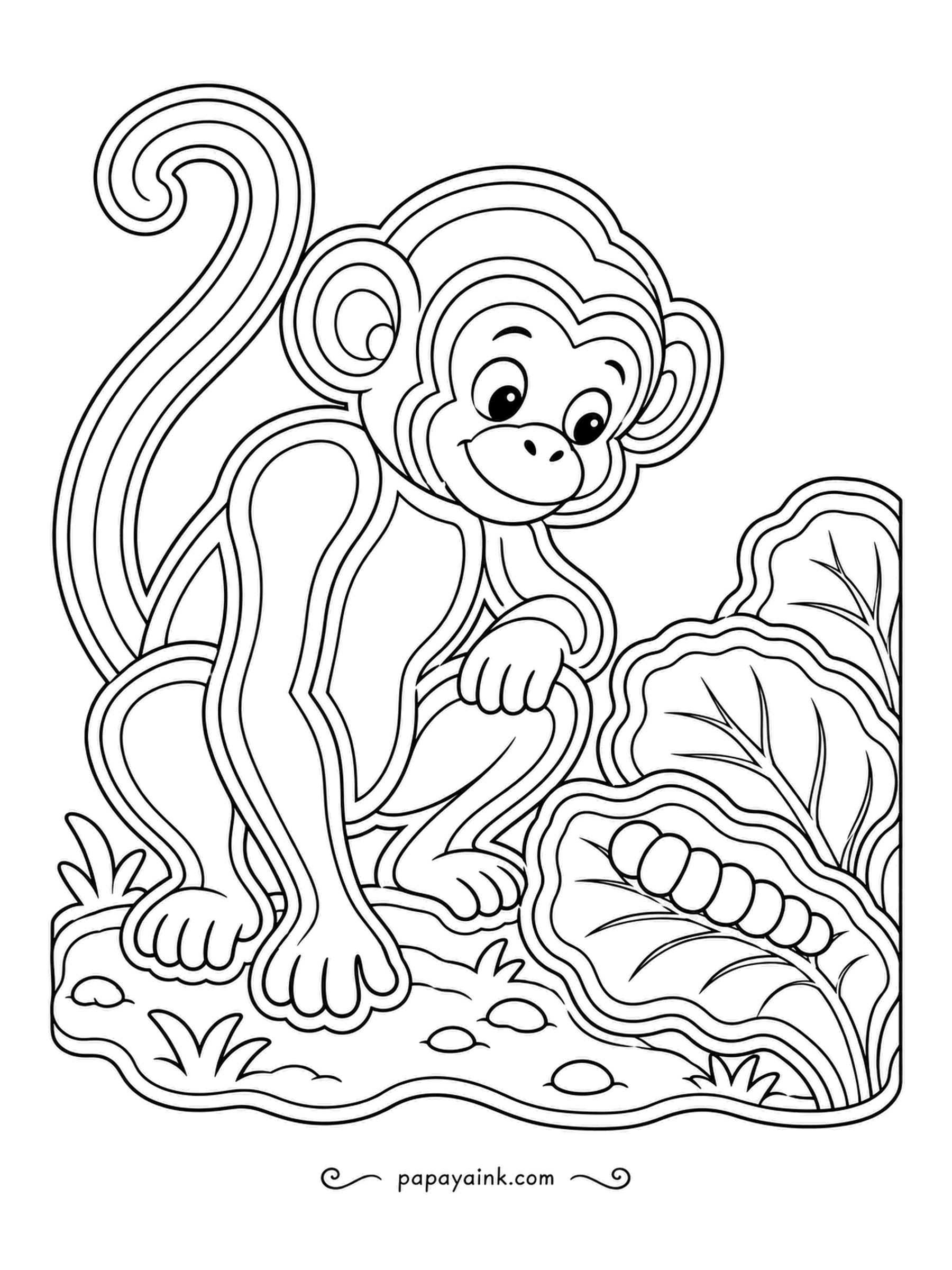 Monkey Coloring Pages - Cabbage leaves are a caterpillar's favorite meal, and this one is munching its way along while the monkey leans in to watch. Bold double lines; fresh greens for the leaves.