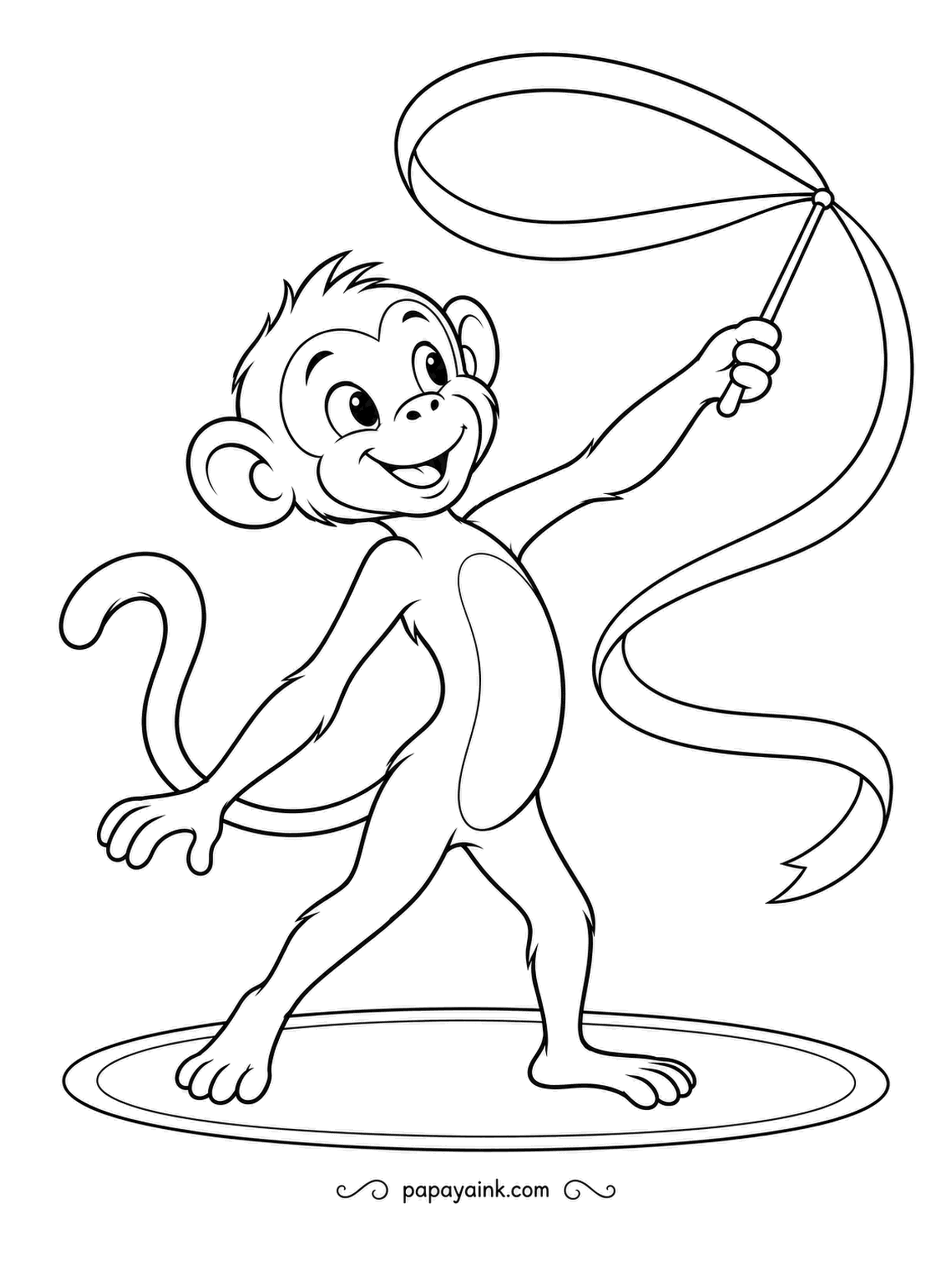 Monkey Coloring Pages - Rhythmic gymnasts keep their ribbons moving the whole routine, and this monkey has the spiral looping high. Mouth open, arms wide, pure joy. Pick one bold ribbon color.