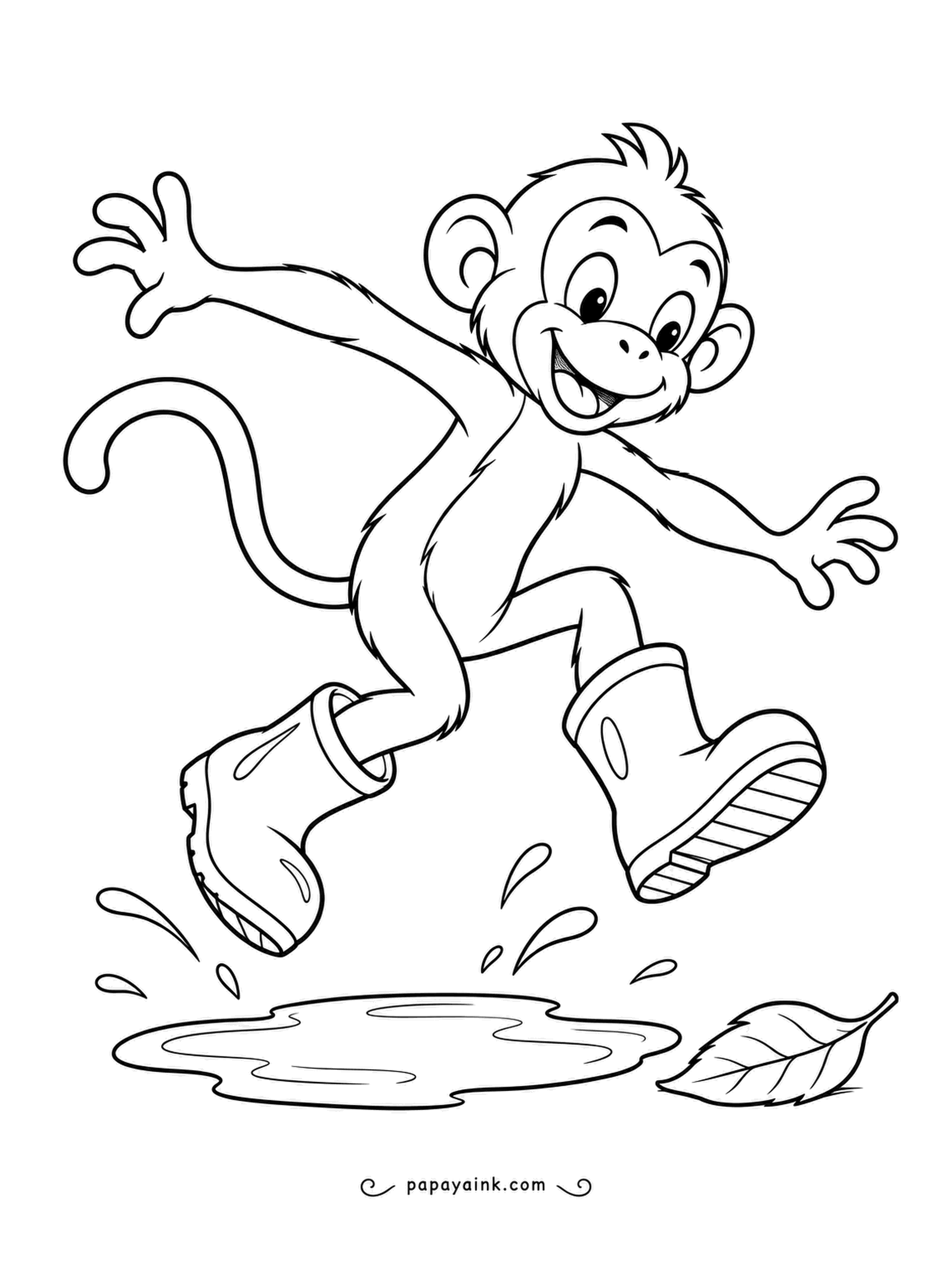 Monkey Coloring Pages - Rain boots on, arms flung wide, and a leap that clears the puddle - mostly. A splash or two still made it. Bright yellow boots and a gray-blue puddle suit the scene.