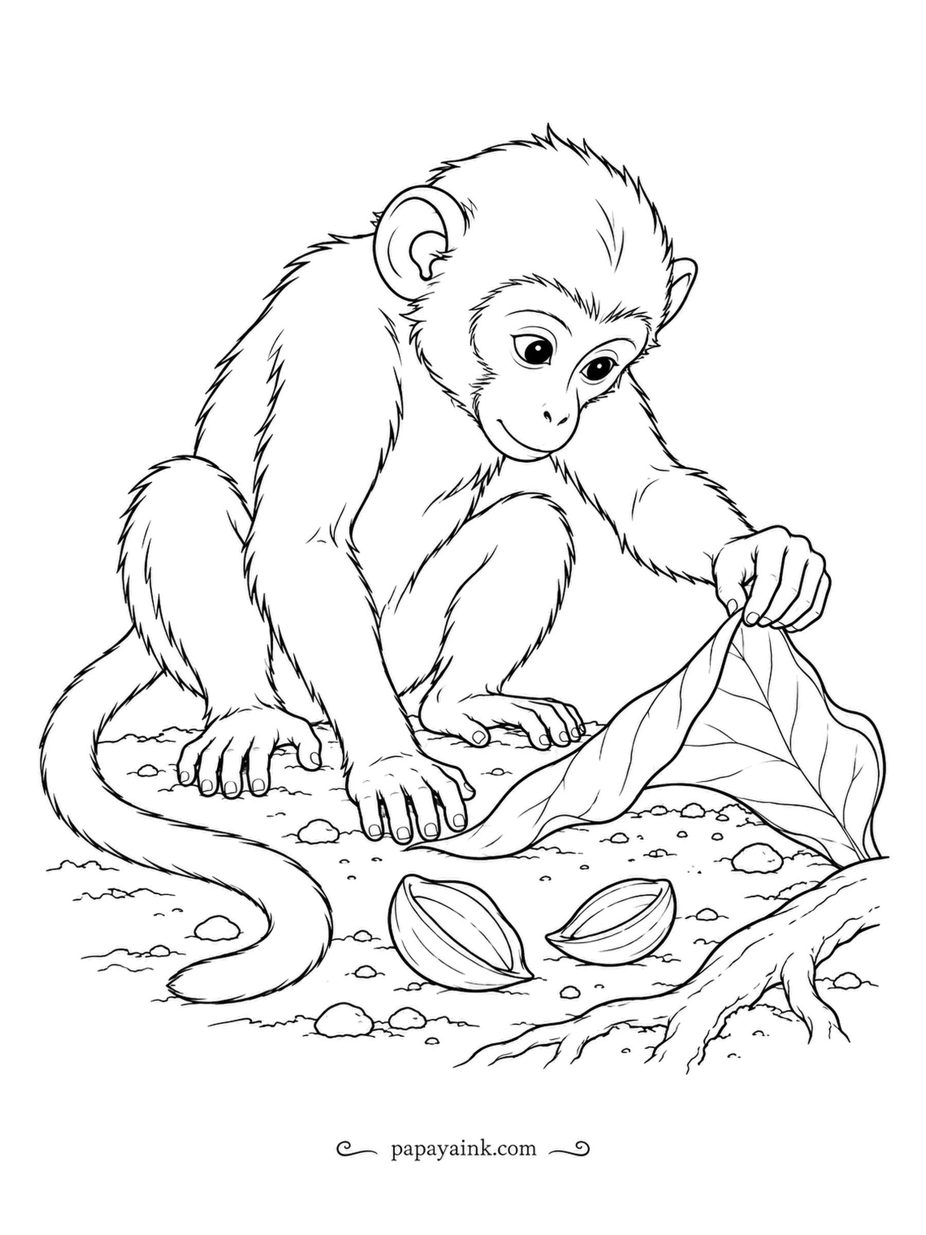 Monkey Coloring Pages - Anything could be under a fallen leaf, so the monkey lifts the curled edge carefully, with nut shells scattered nearby. Realistic coat and soil texture - detailed and calm.
