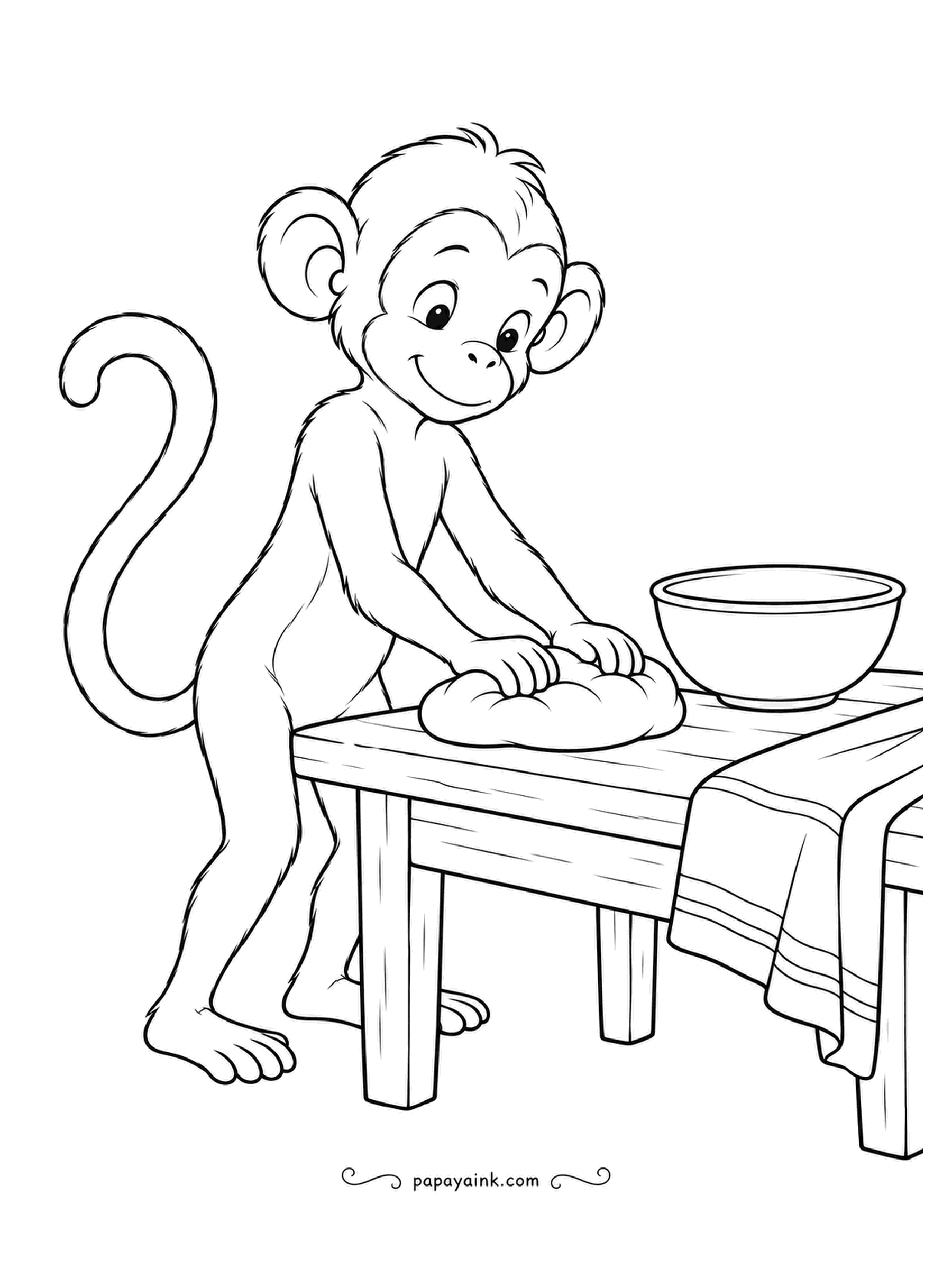 Monkey Coloring Pages - Bread day: both hands deep in the dough, a mixing bowl ready, a striped towel over the table edge. The baker looks thoroughly pleased with the result so far. Soft beiges and warm brown fur.