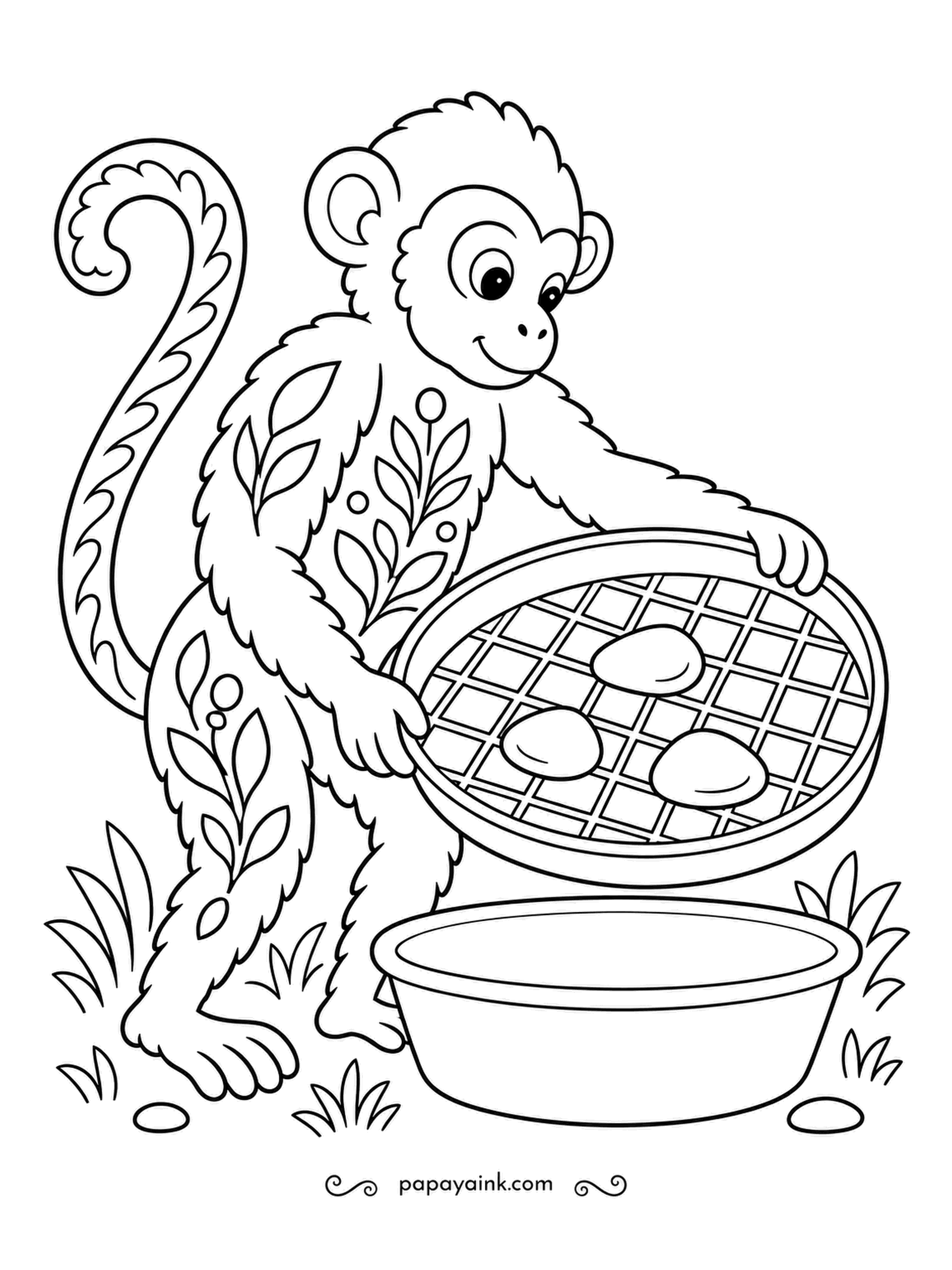 Monkey Coloring Pages - Shake, sift, repeat: the folk-art monkey lifts a round garden sieve, leaving the stones on top and fine soil in the tub below. Leafy motifs cover its coat. Earthy browns throughout.