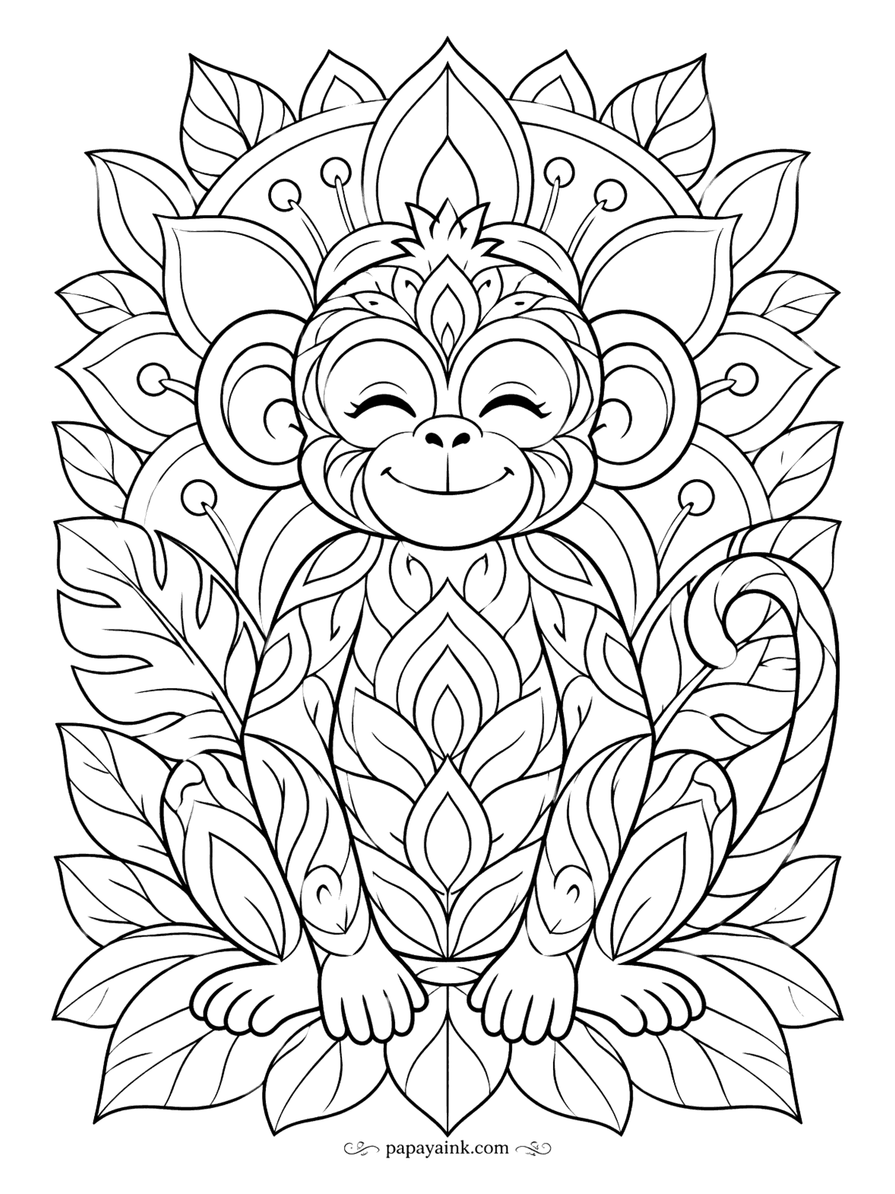 Monkey Coloring Pages - Eyes closed, smile on, petals radiating outward like a halo. The body is made of leaf-shaped scales, and a ring of lotus petals and leaves closes the circle. Work from the center out and let a short run of colors repeat around the ring. Detailed.