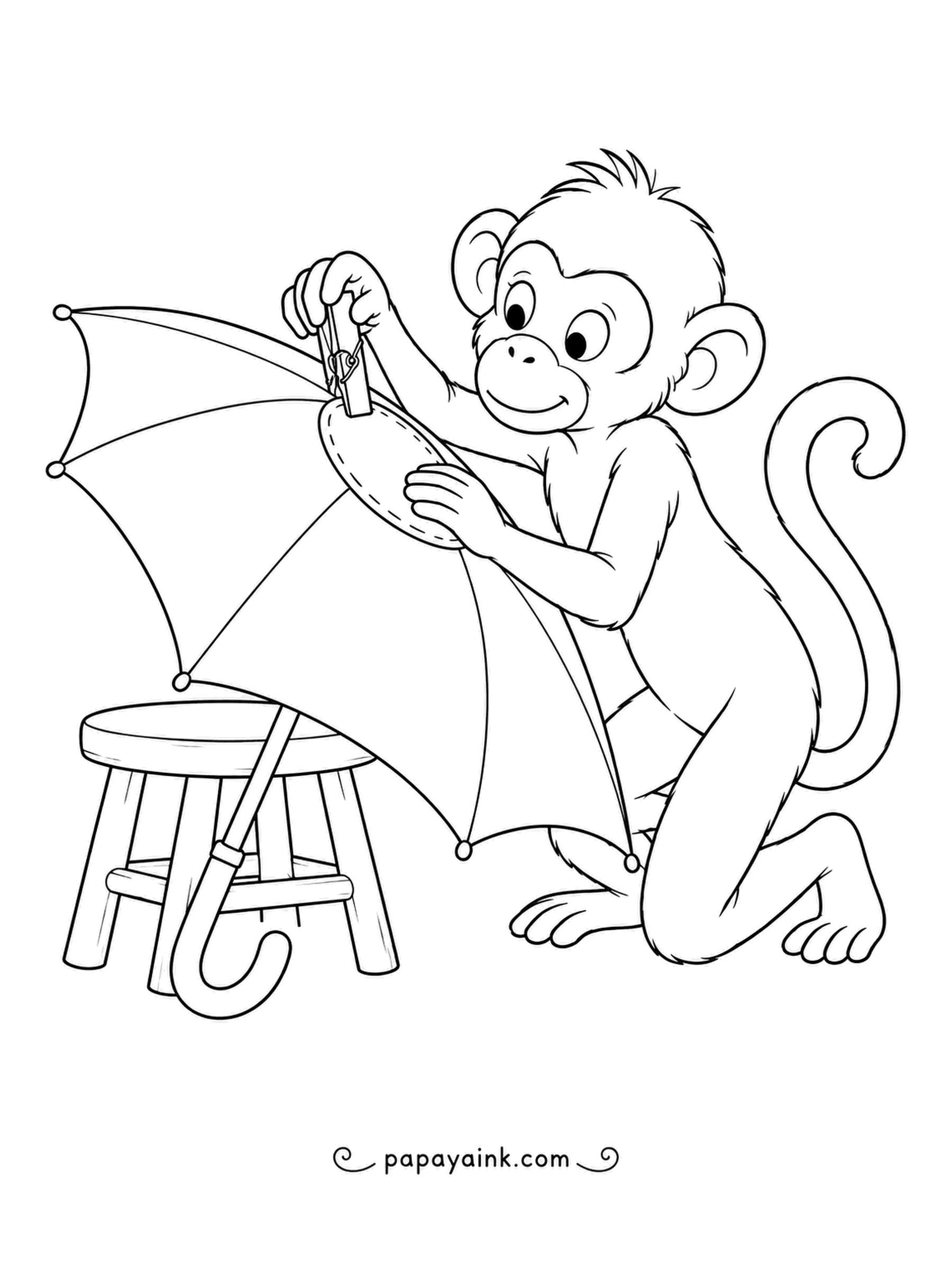 Monkey Coloring Pages - A torn panel, a patch and a clothespin to hold it in place while the stitching gets done. The open umbrella leans on a stool beside the repair crew of one. Simple shapes and lots of white.