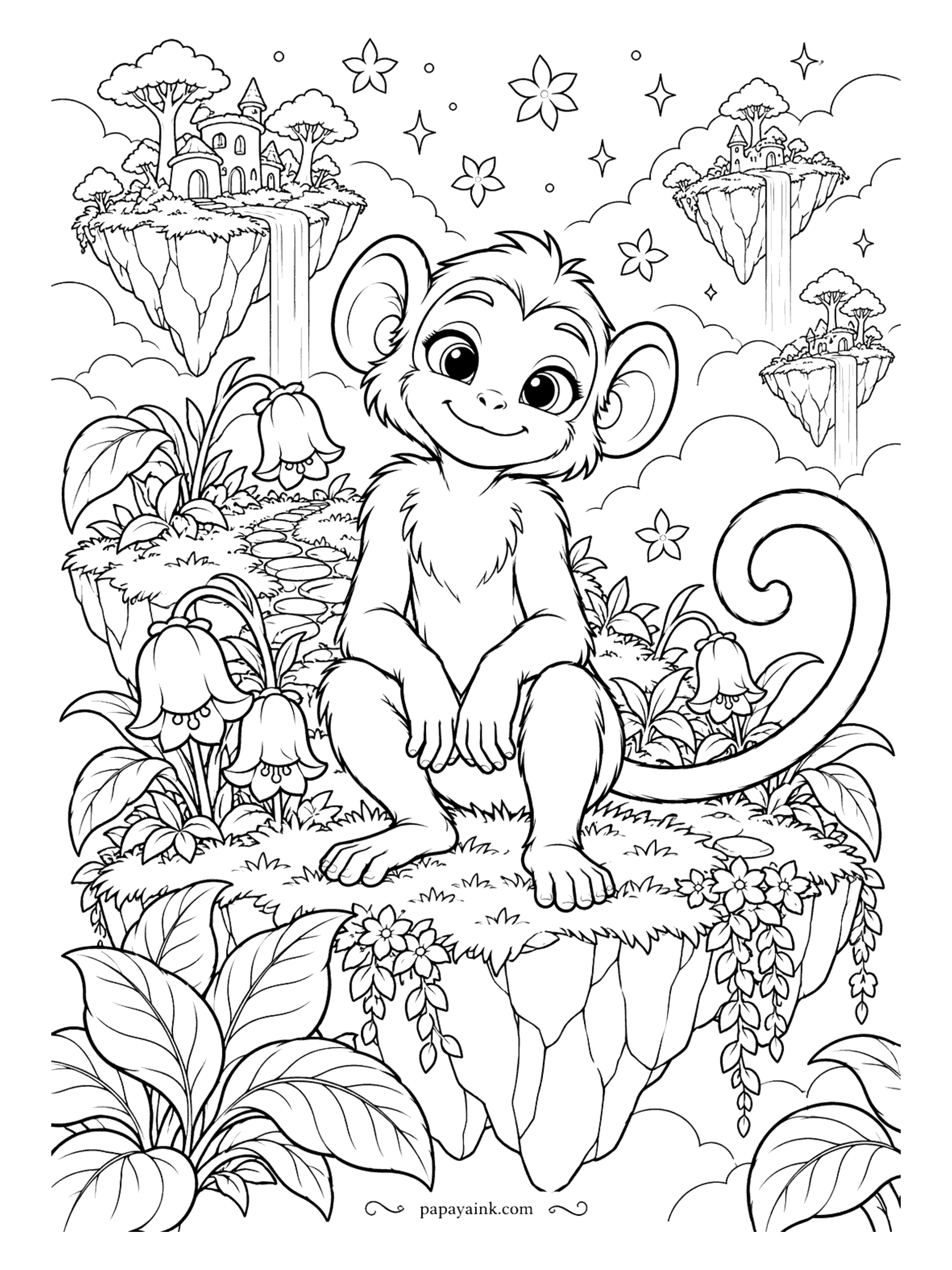 Monkey Coloring Pages - Islands drift through the sky with castles and waterfalls on top, and the monkey sits on the nearest one surrounded by bellflowers. Keep it dreamy: pastels for the clouds, something stronger for the fur.