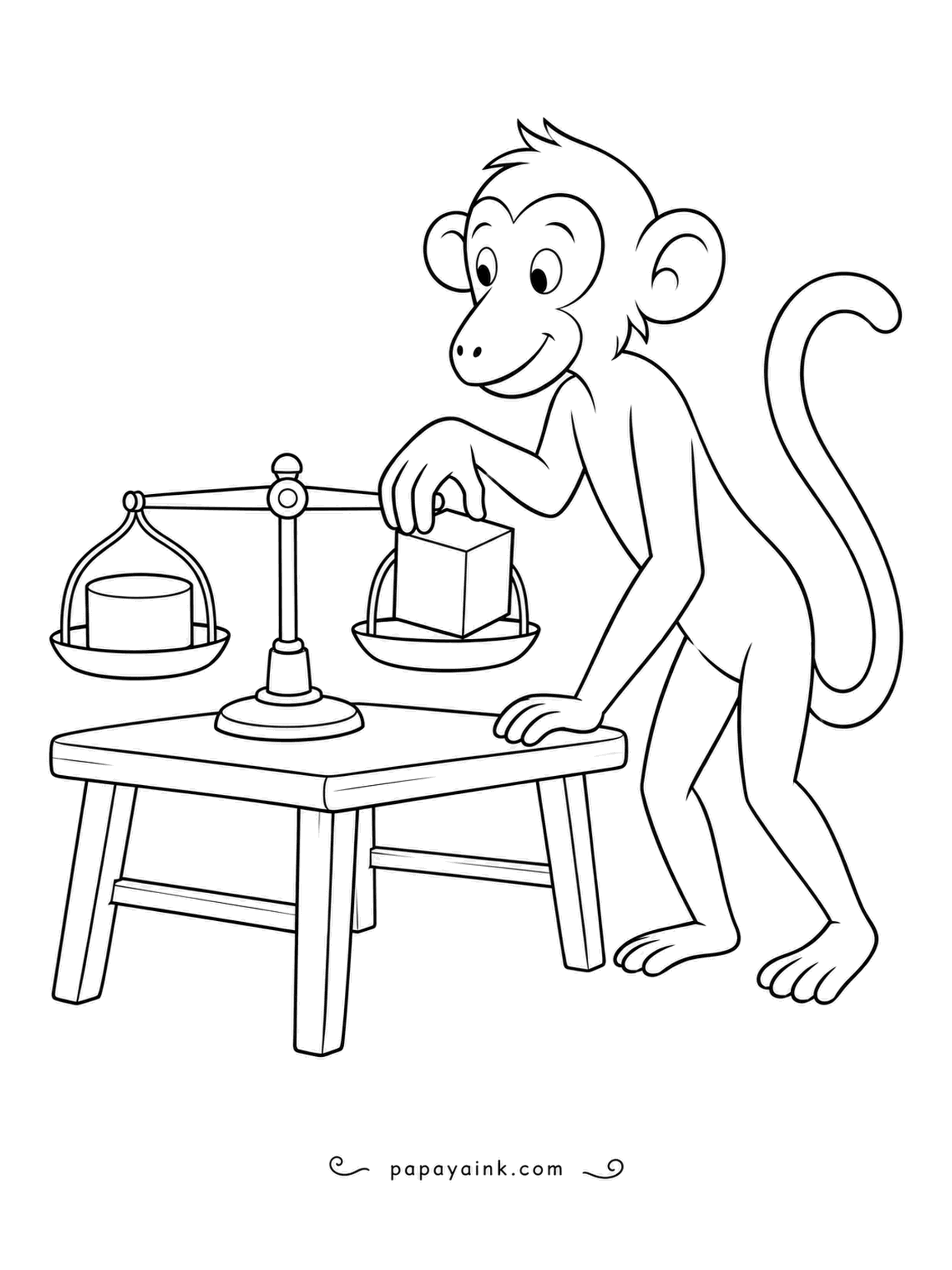 Monkey Coloring Pages - Which is heavier, the cube or the jar? The monkey adds the block to one pan and watches the beam tip. A balance scale compares weights without numbers. Clean and easy.