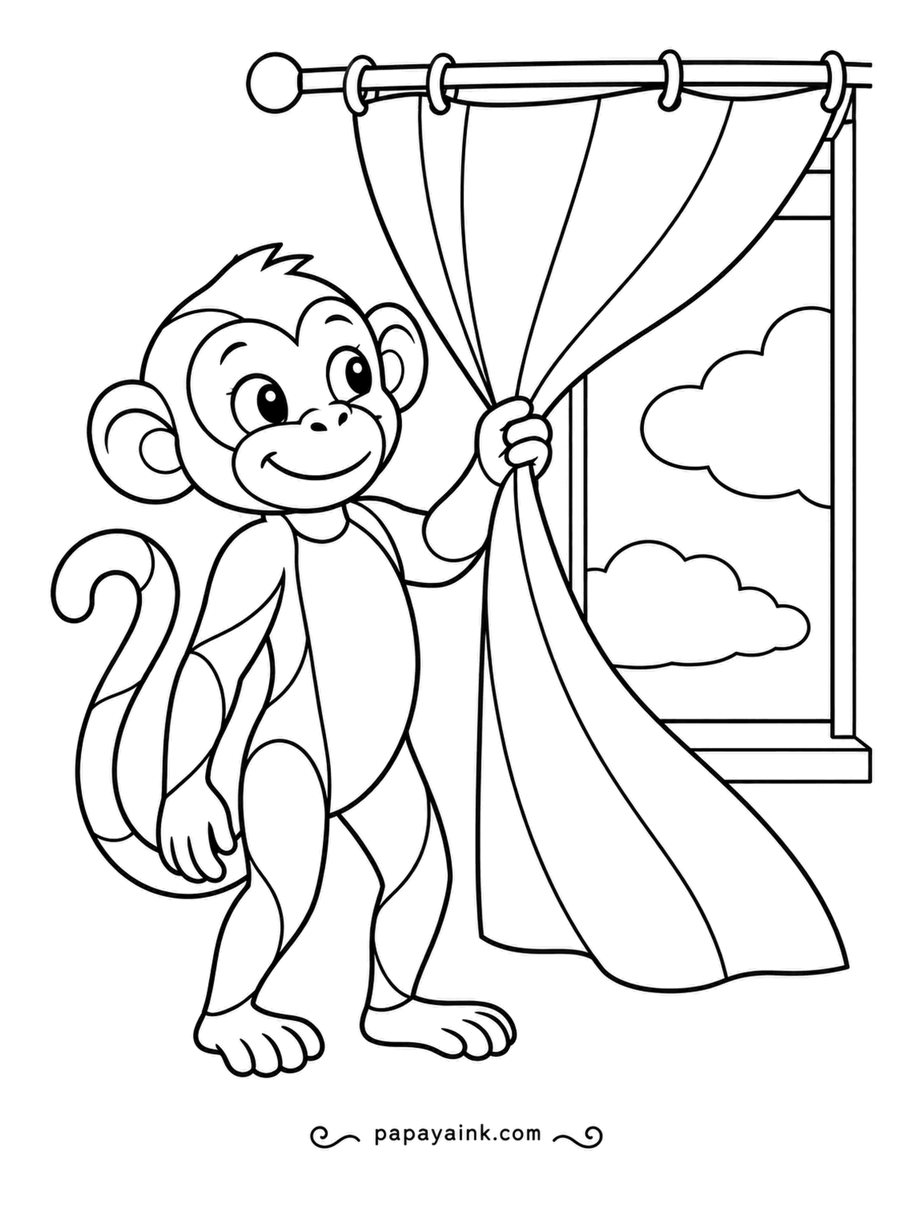 Monkey Coloring Pages - Good morning: the curtain sweeps aside to show blue sky and fluffy clouds. Stained-glass lines divide the body into panels. Try stripes of color on the curtain itself.