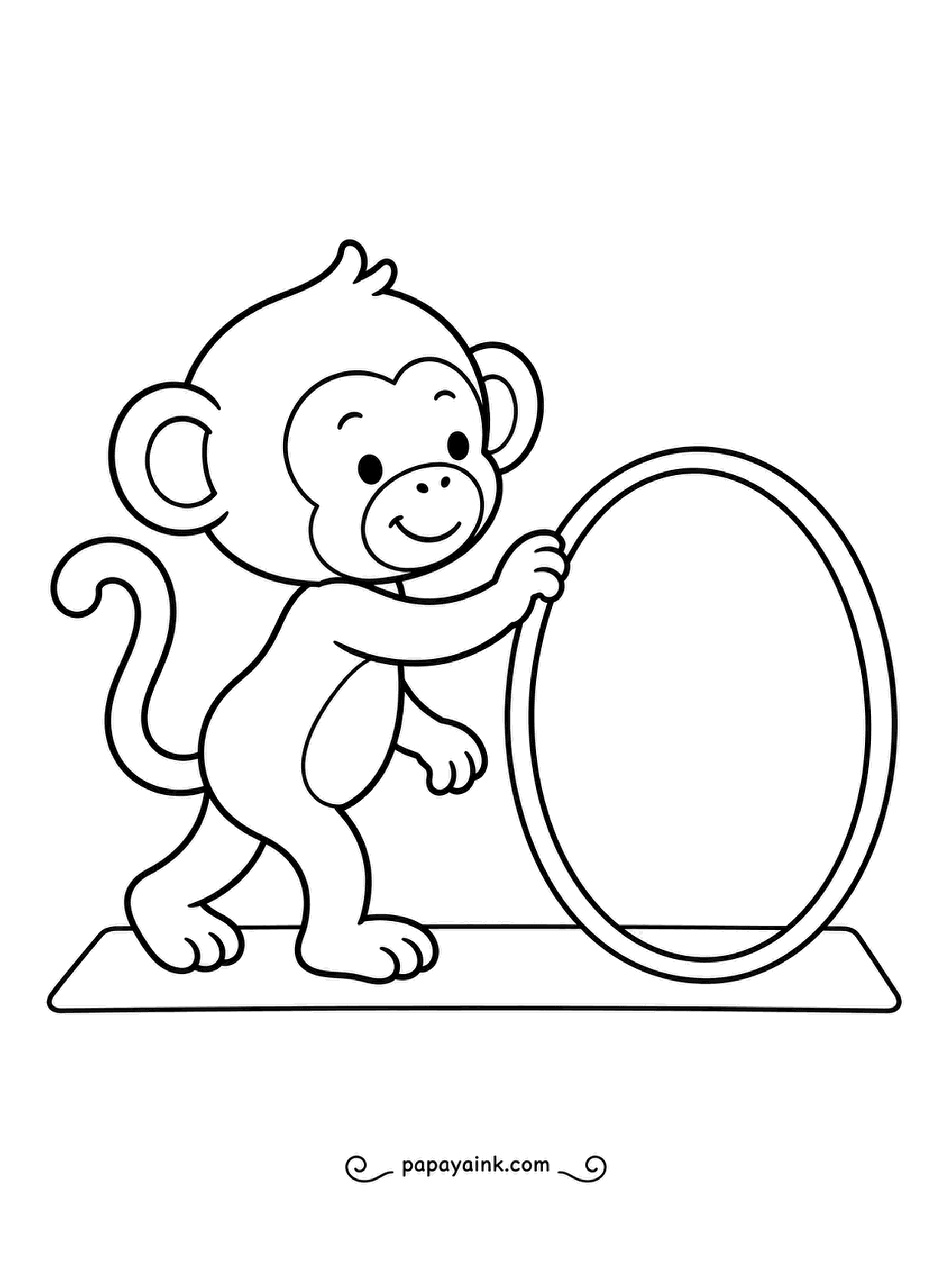 Monkey Coloring Pages - A hoop almost as tall as the player, and a little acrobat ready to send it rolling across the mat. Very few lines - ideal for small hands and big crayons.