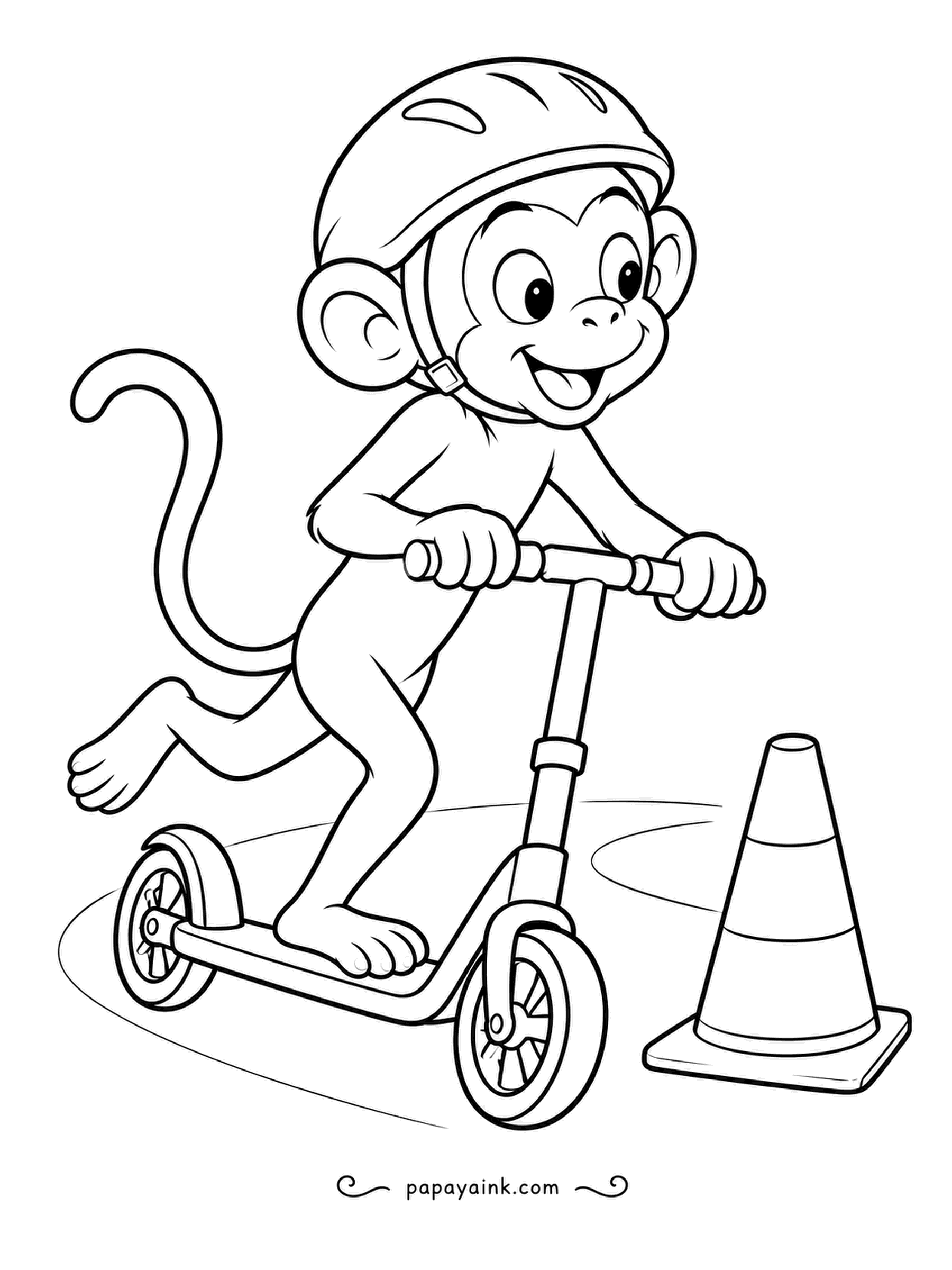 Monkey Coloring Pages - Helmet on, tail high, one foot pushing: the monkey zips around a traffic cone on a kick scooter. A lively, simple sheet - bright helmet, striped cone.