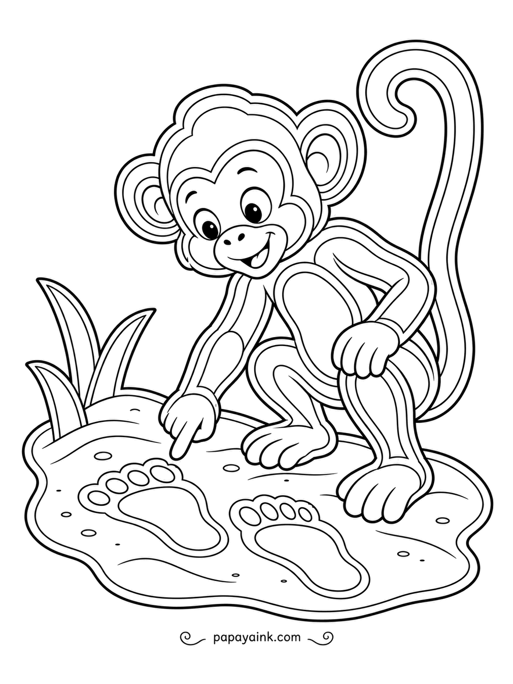 Monkey Coloring Pages - Who walked here? The young detective points at two footprints in the sand, then at its own feet, and the mystery solves itself. Bold double outlines - sandy yellow and warm browns.