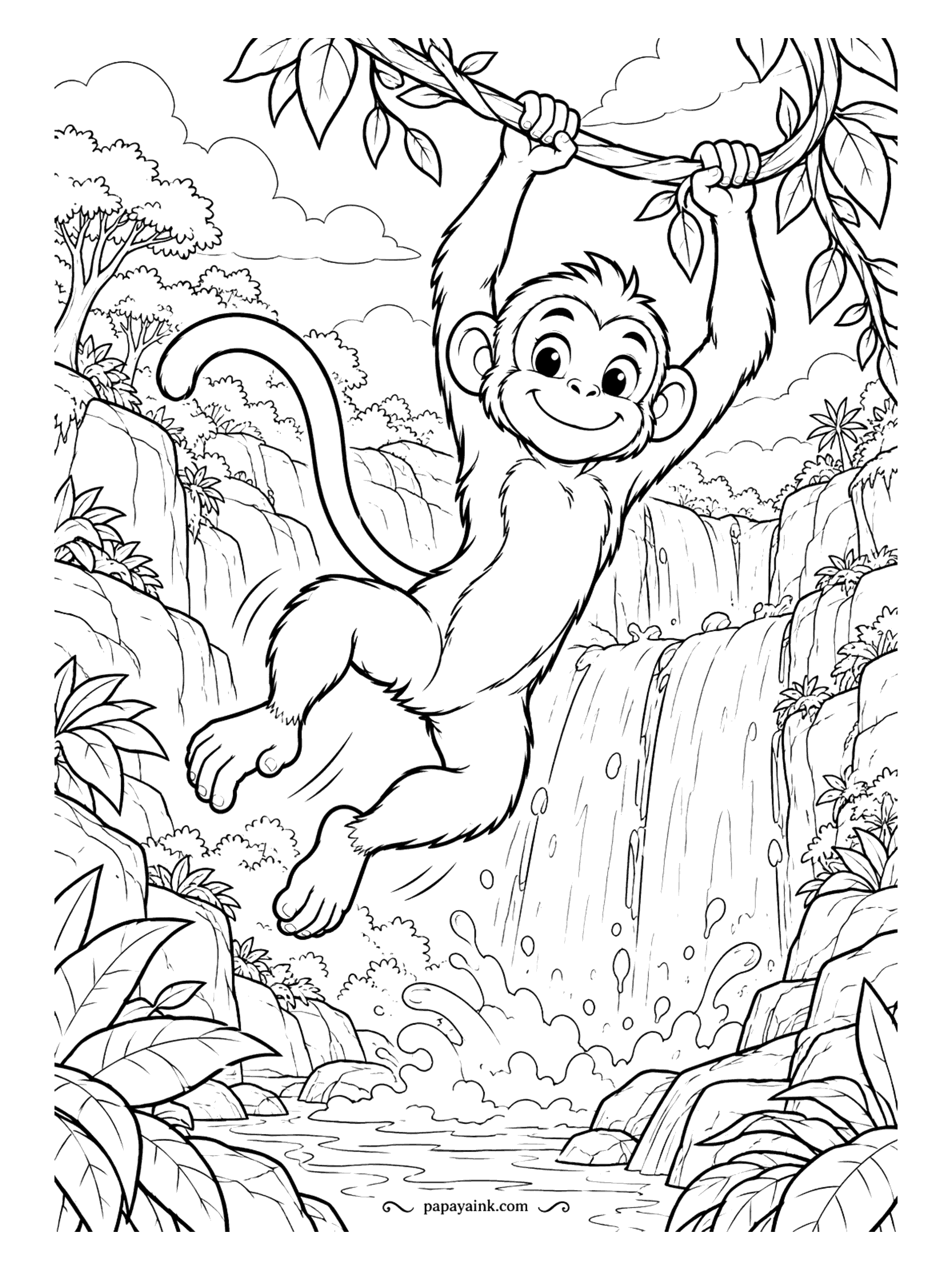 Monkey Coloring Pages - Mid-swing, both hands on the vine, legs kicked out, with a waterfall crashing into the pool below. The splash is drawn in loose drops, so a wash of pale blue across the water will do most of the work.