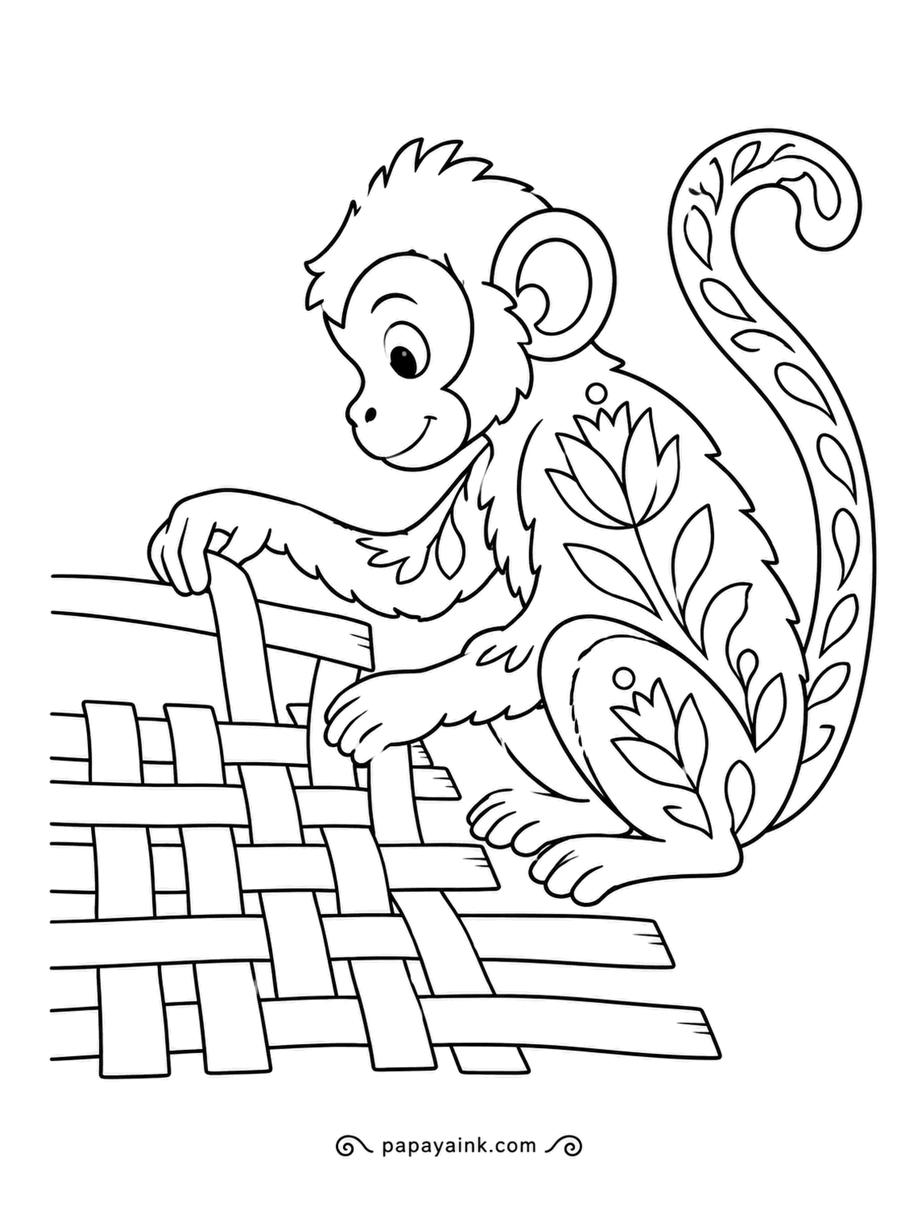 Monkey Coloring Pages - Under, then over, then under again: the folk-art weaver works one more reed into a wide woven mat. Flower and leaf patterns run along its back and tail. Straw yellow and earthy green.