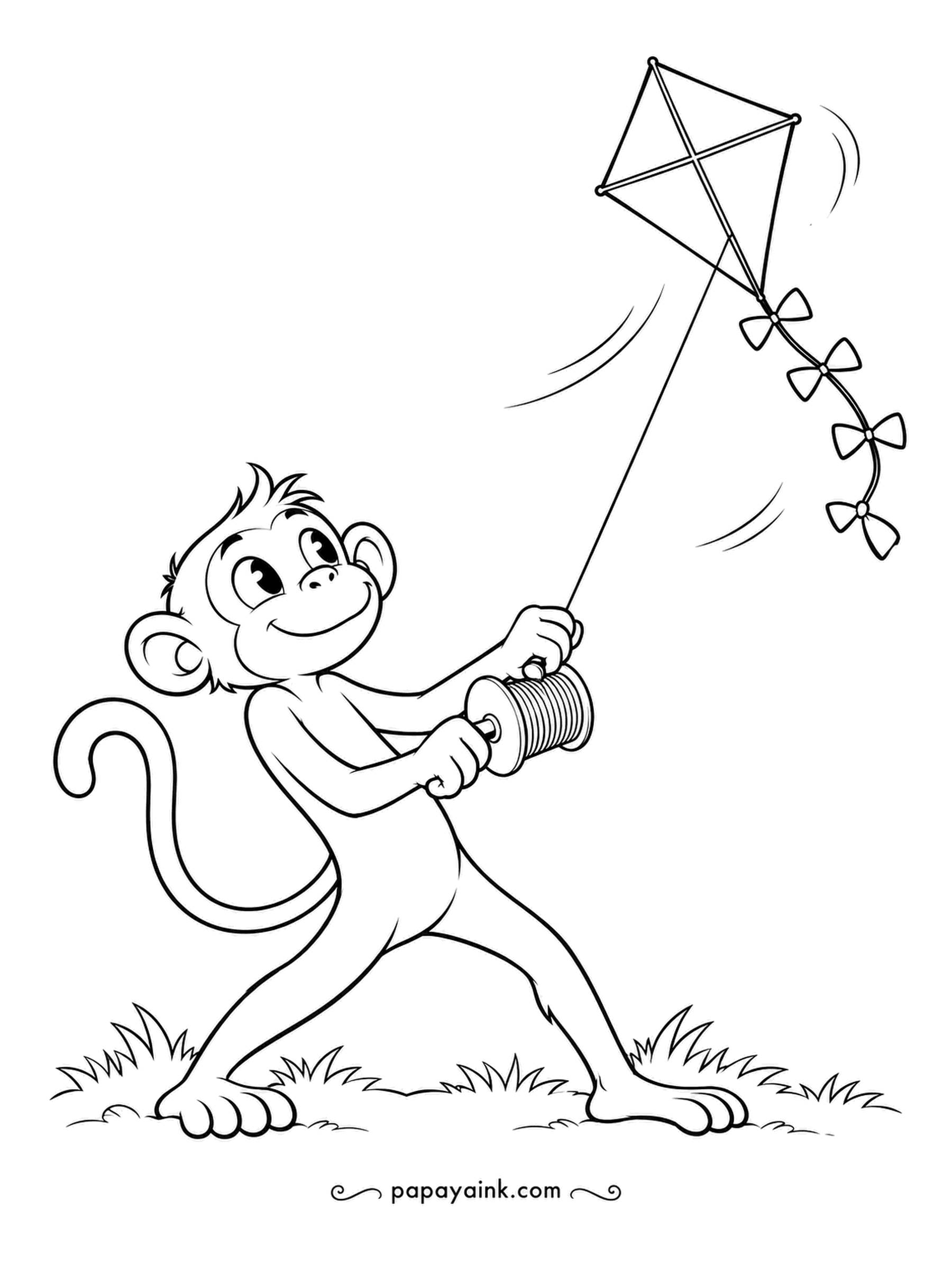 Monkey Coloring Pages - The kite is up, bows fluttering on the tail, and the monkey braces both feet while winding the reel. Plenty of open sky to fill, so try a pale blue wash first.
