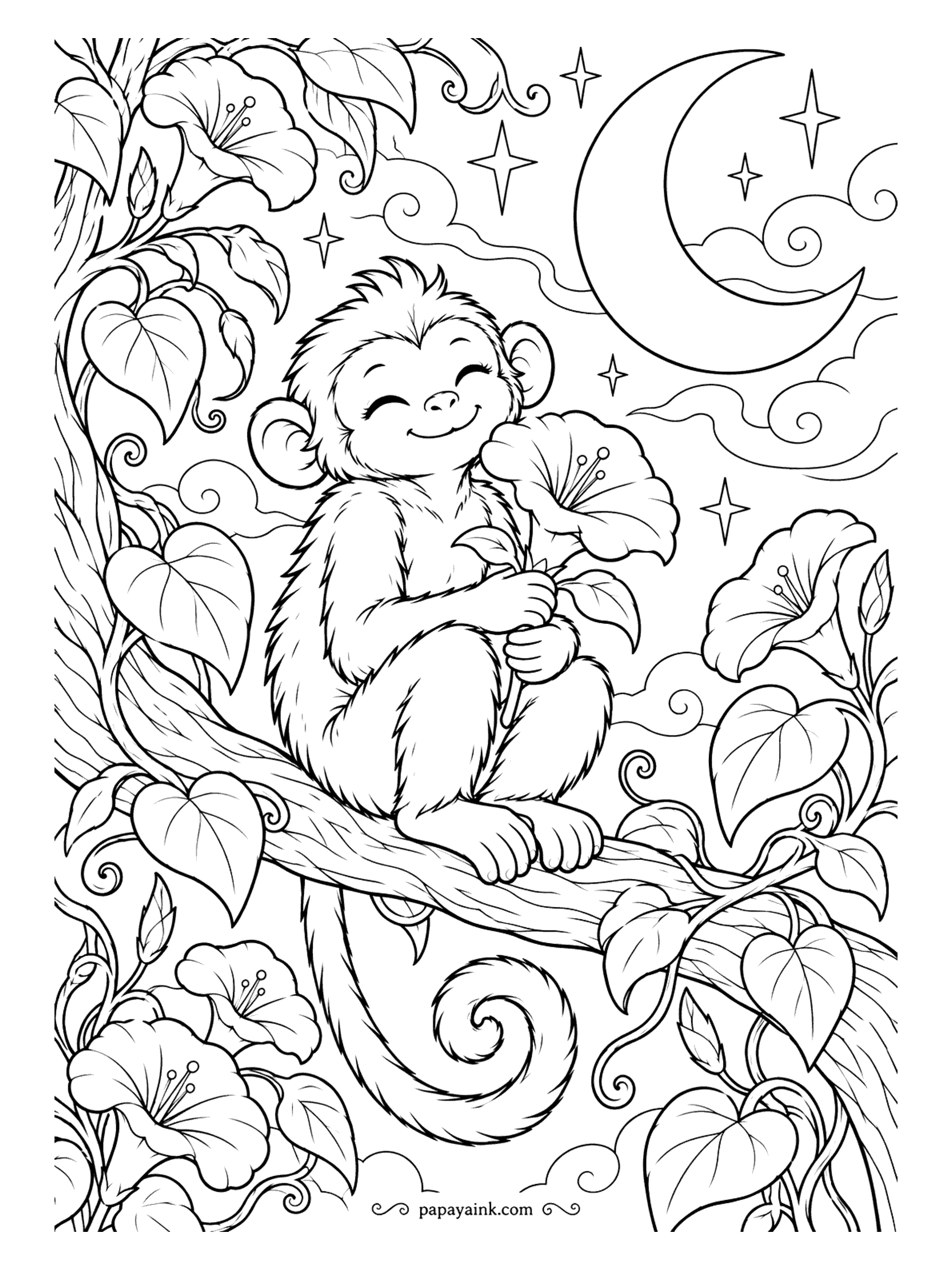 Monkey Coloring Pages - Night has fallen, and a monkey on a vine holds a morning glory up to the moon with the contented look of someone who has nowhere else to be. Deep blue sky, white flowers, a thin line of yellow on the moon.