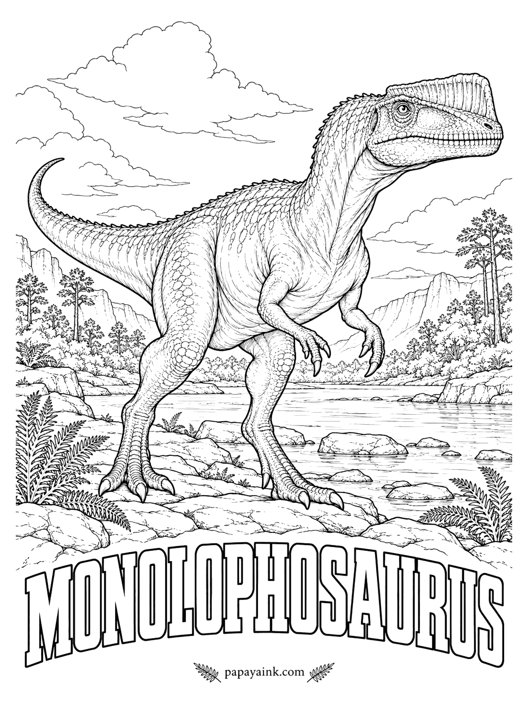 Free Printable Dinosaur Coloring Pages - One crest, straight down the middle of the snout, hollow inside. Monolophosaurus (MON-oh-LOAF-oh-SORE-us, single-crested lizard) was a meat-eater about 16 feet long, known from a single skeleton with a complete skull and no limbs, spotted in 1981. China, about 165 million years ago.