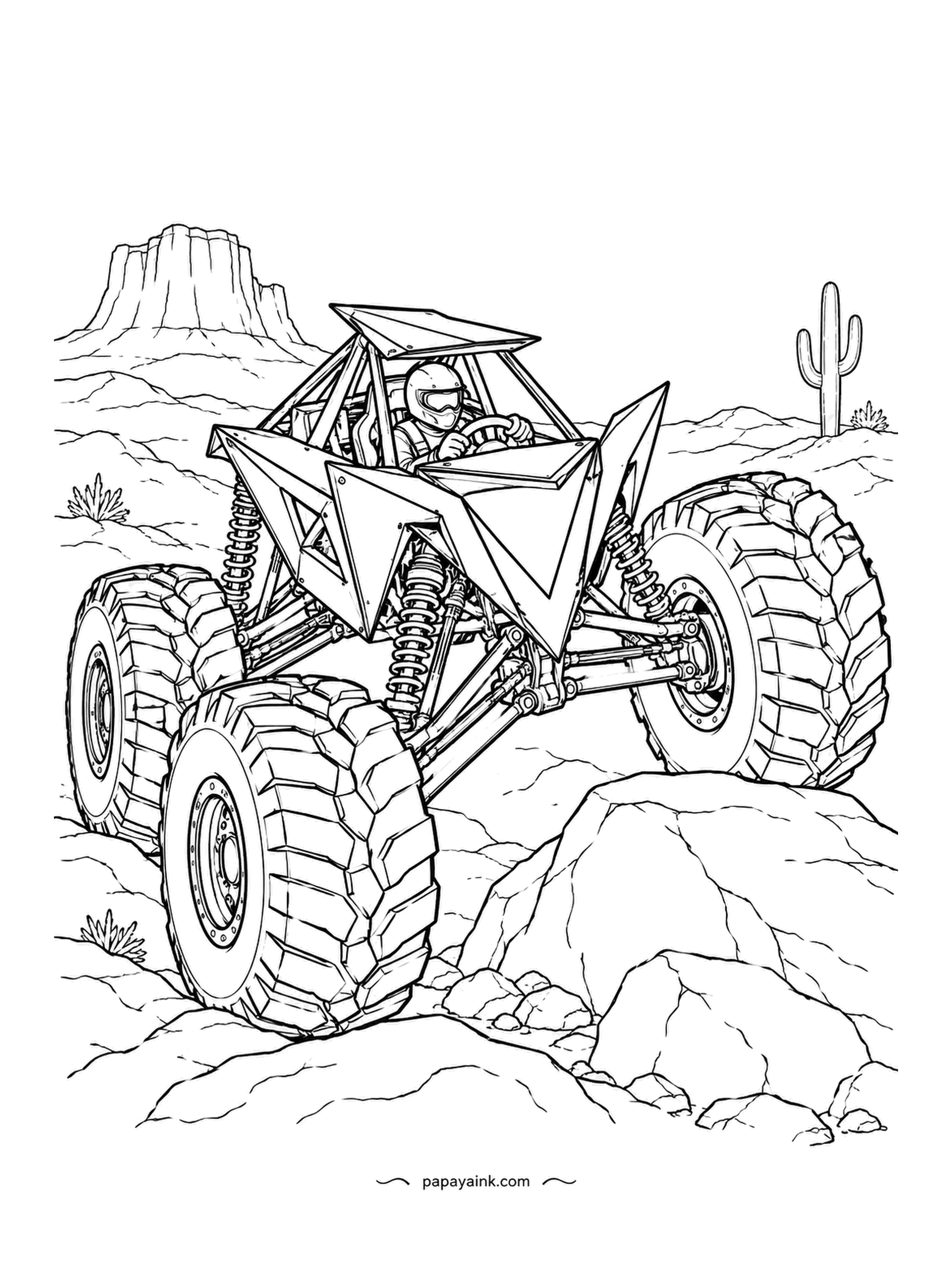 Monster Truck Coloring Pages - Angular buggy made of flat facets, climbing a boulder with a cactus and a flat-topped mesa for company. The driver has both hands on the wheel, which seems wise. Each facet can take its own shade - a quick way to make it look metallic.