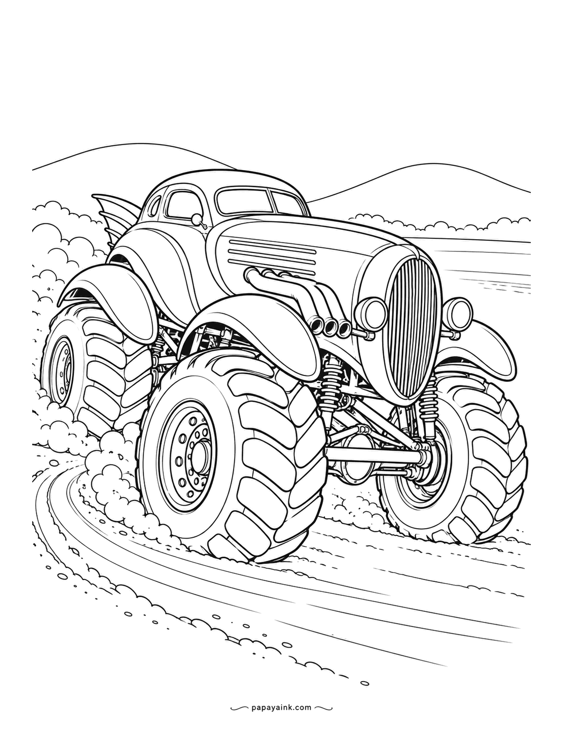 Monster Truck Coloring Pages - A thirties coupe body on a monster truck chassis, chrome grille and side exhaust pipes included. The tires kick up a fan of dirt on a dusty bend. Go two-tone on the body and leave the chrome white.