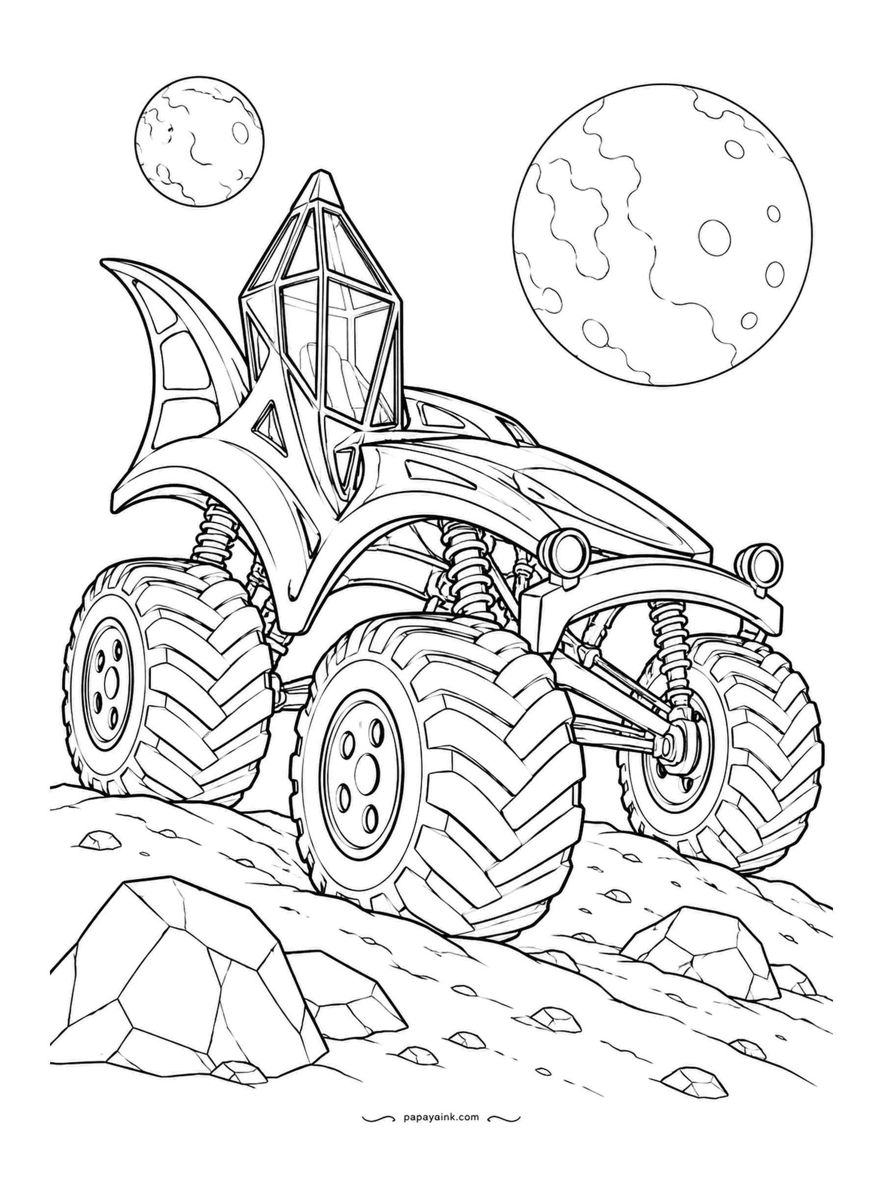 Monster Truck Coloring Pages - A crystal spire for a cockpit and fin-shaped fenders, rolling over gem-studded ground under two moons. Nothing on this sheet exists, which is the whole point. Try a glowing color inside the crystal and keep the moons pale.