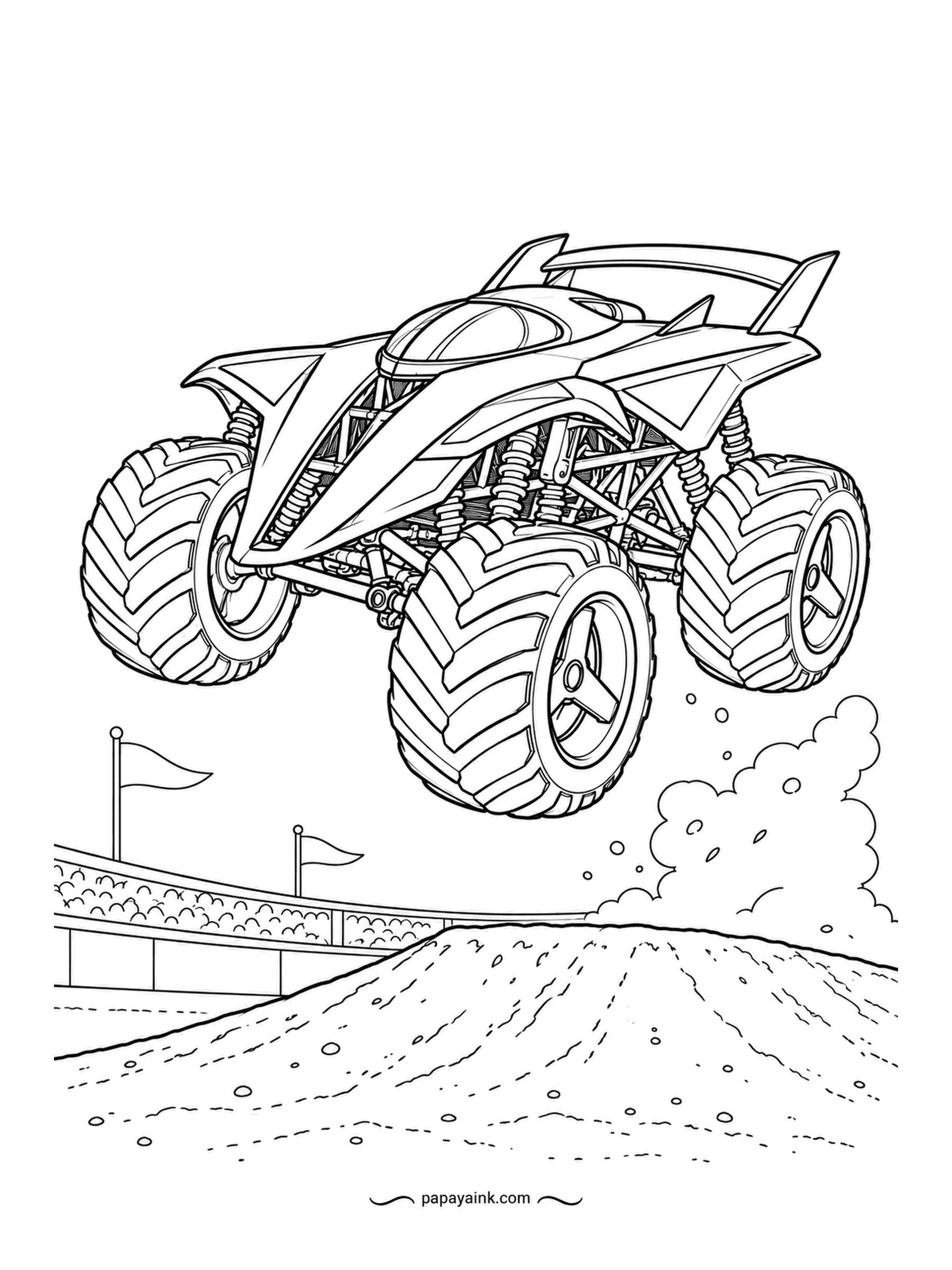 Monster Truck Coloring Pages - Caught at the top of a stadium jump, all four tires in the air and dust still rising from the ramp. Flags and grandstand sit low so the truck owns the page. One bold color on the wedge reads best from across the room.